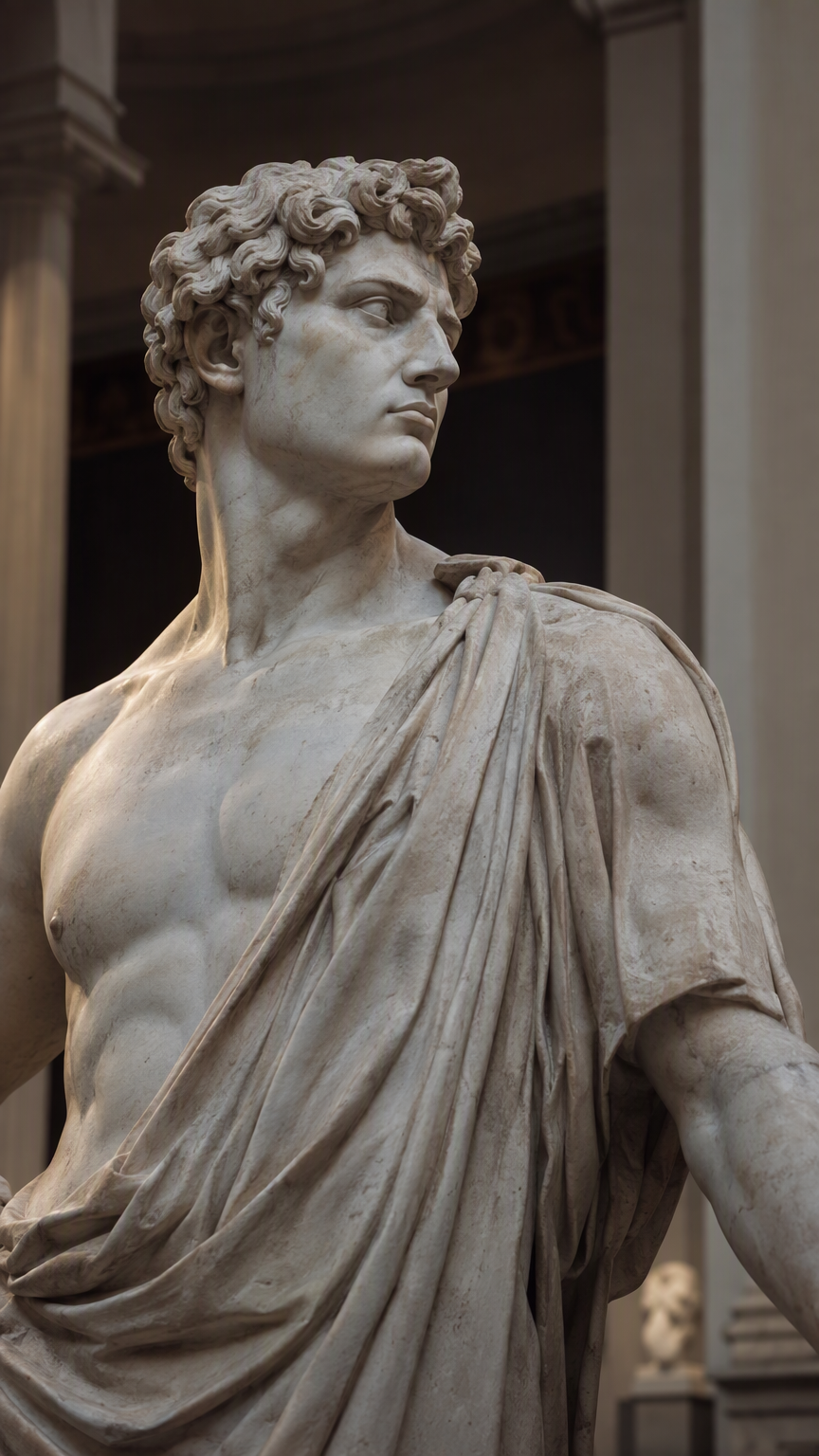 photorealistic, RAW photo, a classical Roman marble statue of a man shown from the upper body, carved with idealized heroic proportions, a strong jaw and imperious gaze turned sharply to the side, wea