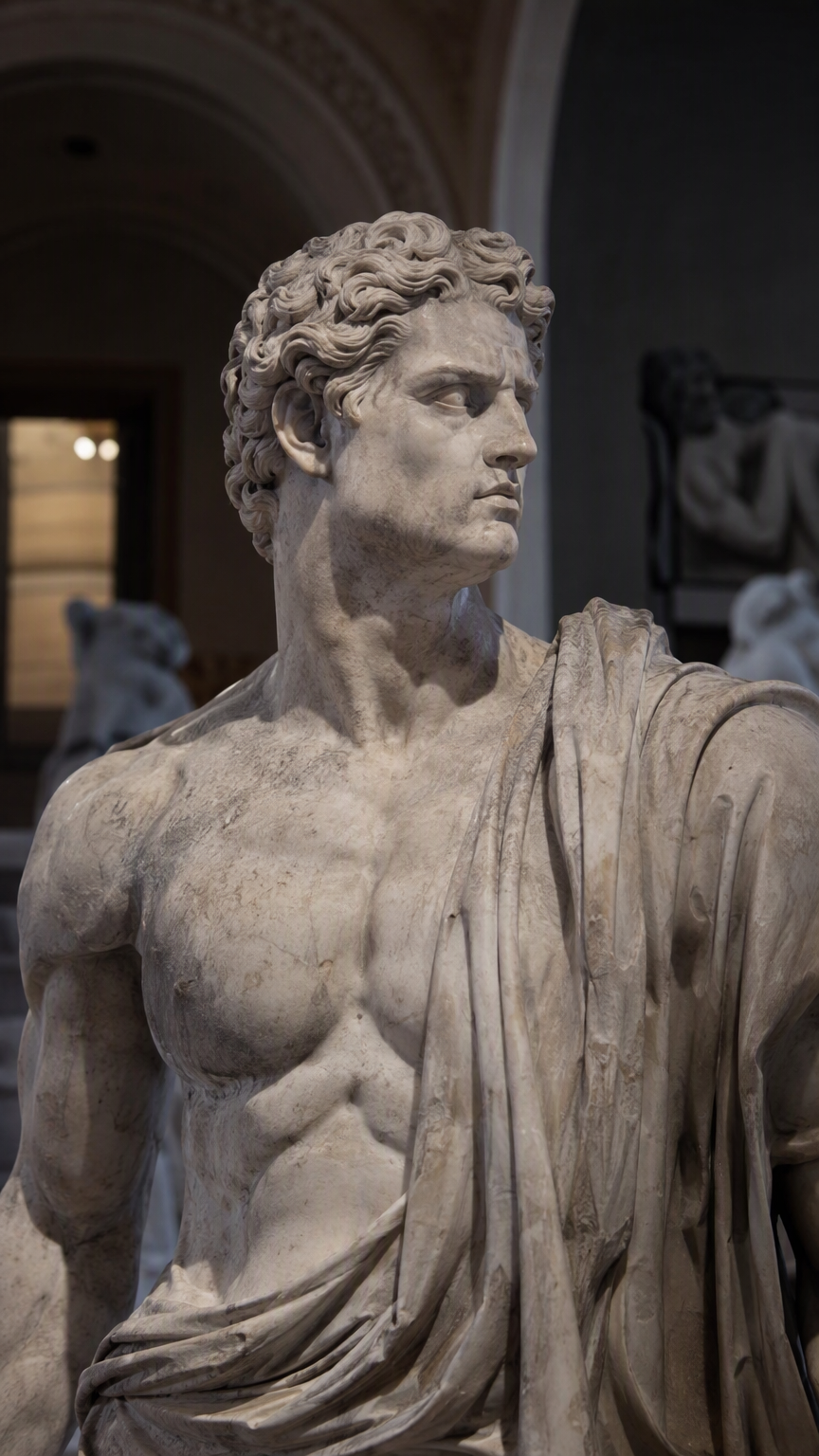 photorealistic, RAW photo, a classical Roman marble statue of a man shown from the upper body, carved with idealized heroic proportions, a strong jaw and imperious gaze turned sharply to the side, wea