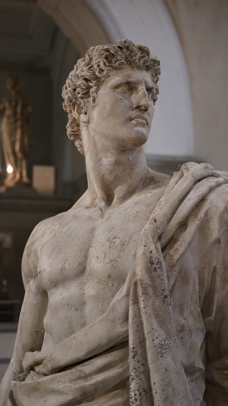 photorealistic, RAW photo, a classical Roman marble statue of a man shown from the upper body, carved with idealized heroic proportions, a strong jaw and imperious gaze turned sharply to the side, wea