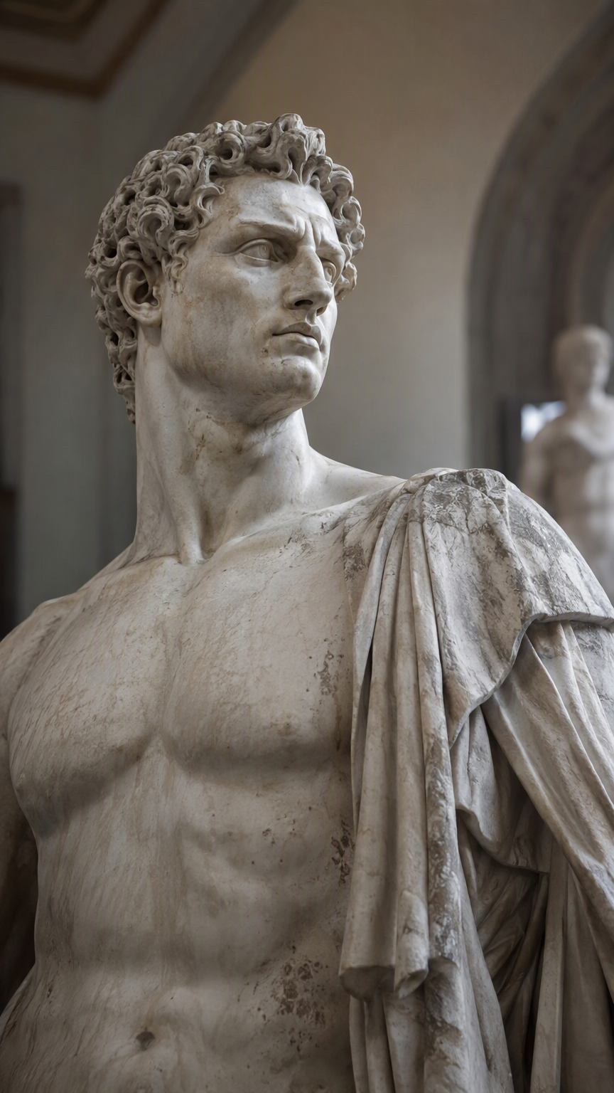 photorealistic, RAW photo, a classical Roman marble statue of a man shown from the upper body, carved with idealized heroic proportions, a strong jaw and imperious gaze turned sharply to the side, wea