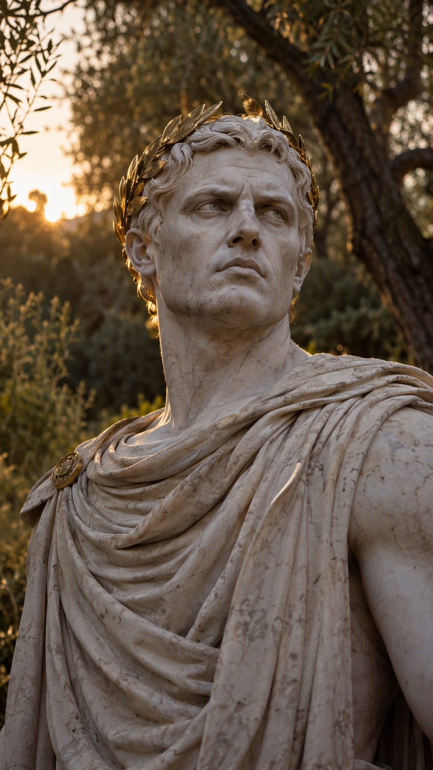photorealistic, RAW photo, a commanding adult man who looks like a living Roman marble statue, pale stone-white skin with subtle marble veining, imperious expression and strong classical features, wea