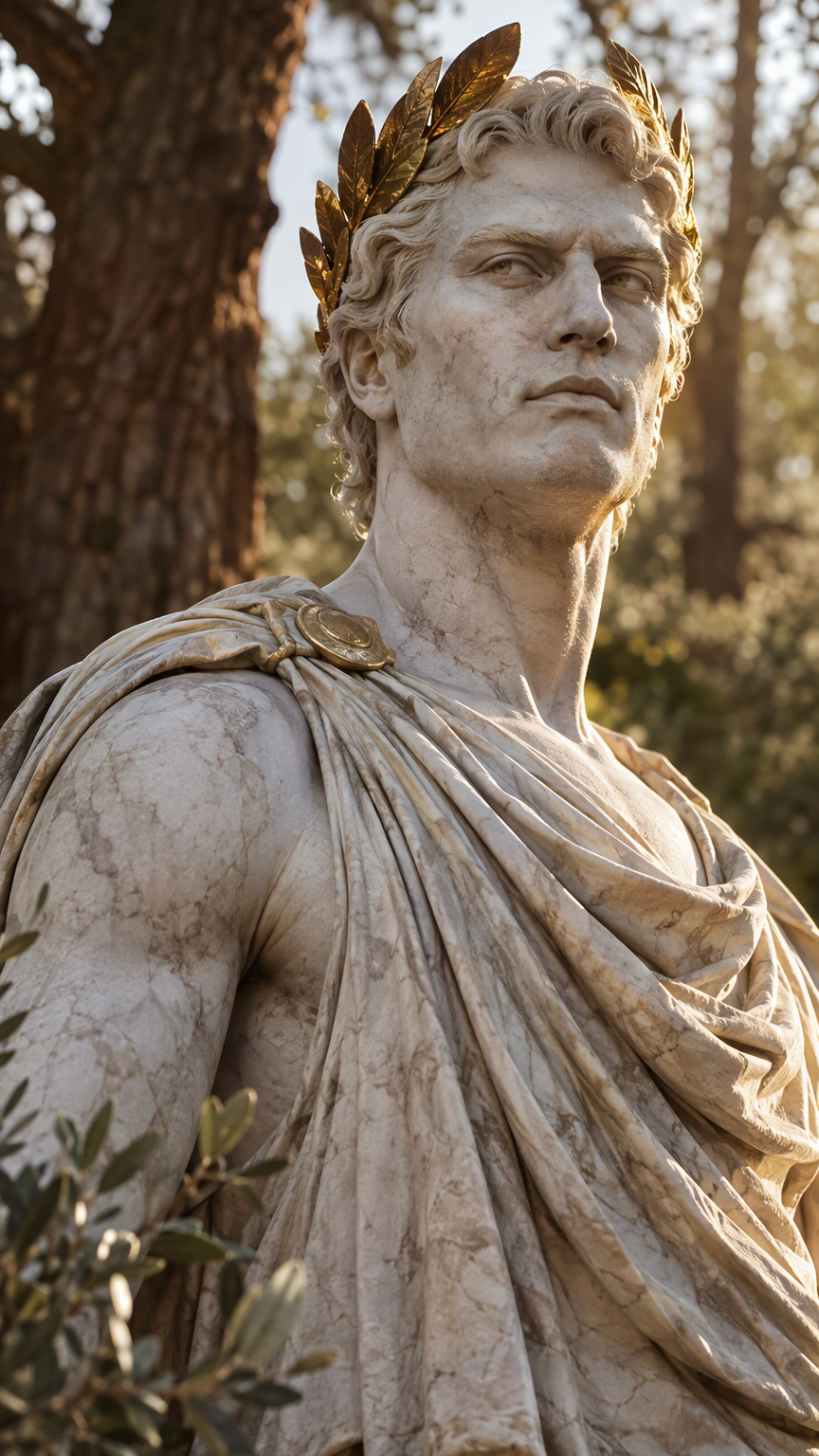 photorealistic, RAW photo, a commanding adult man who looks like a living Roman marble statue, pale stone-white skin with subtle marble veining, imperious expression and strong classical features, wea