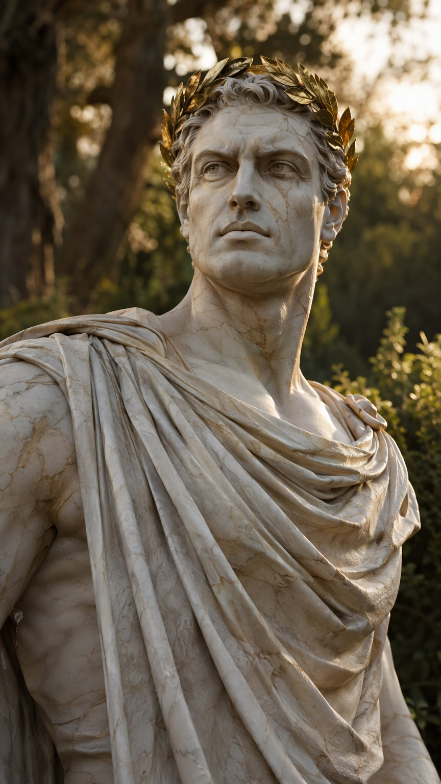 photorealistic, RAW photo, a commanding adult man who looks like a living Roman marble statue, pale stone-white skin with subtle marble veining, imperious expression and strong classical features, wea