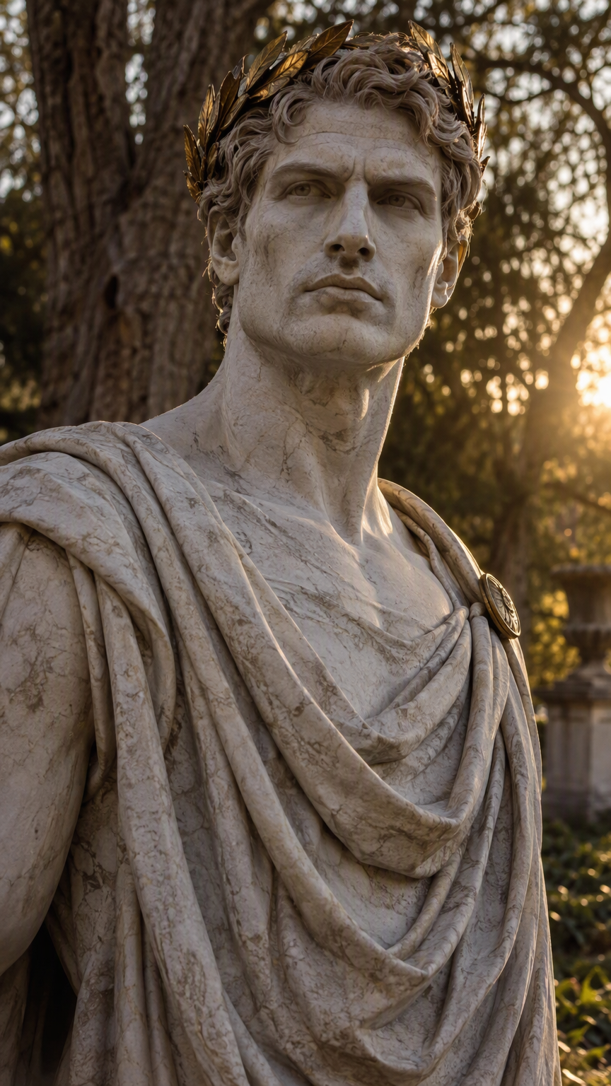 photorealistic, RAW photo, a commanding adult man who looks like a living Roman marble statue, pale stone-white skin with subtle marble veining, imperious expression and strong classical features, wea
