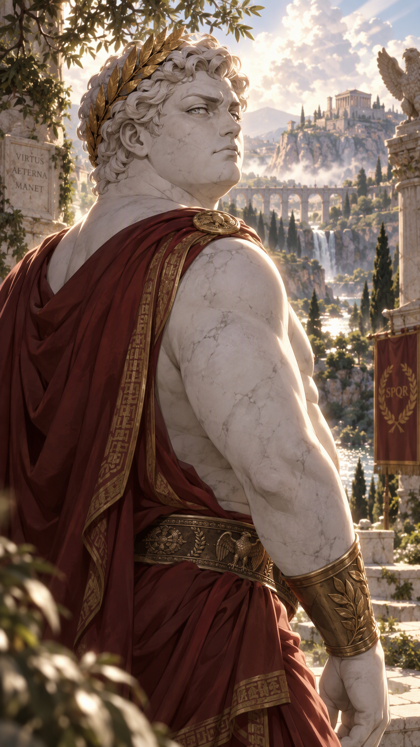 anime style, living roman statue man, marble skin, 1boy, slightly pudgy, roman laurel crown, looking imperiously over shoulder, over the shoulder shot, upper body, outdoors, nature, cowboy shot, rim l