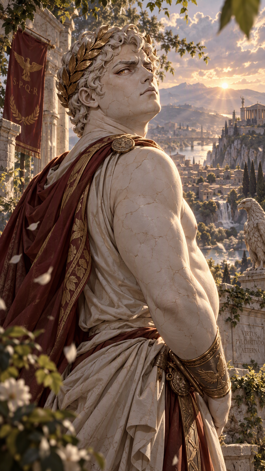 anime style, living roman statue man, marble skin, 1boy, slightly pudgy, roman laurel crown, looking imperiously over shoulder, over the shoulder shot, upper body, outdoors, nature, cowboy shot, rim l