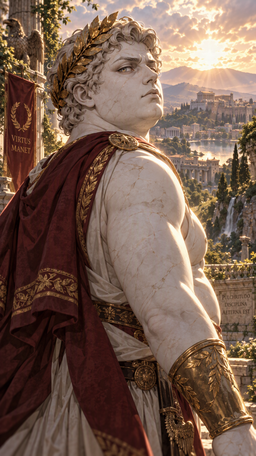 anime style, living roman statue man, marble skin, 1boy, slightly pudgy, roman laurel crown, looking imperiously over shoulder, over the shoulder shot, upper body, outdoors, nature, cowboy shot, rim l