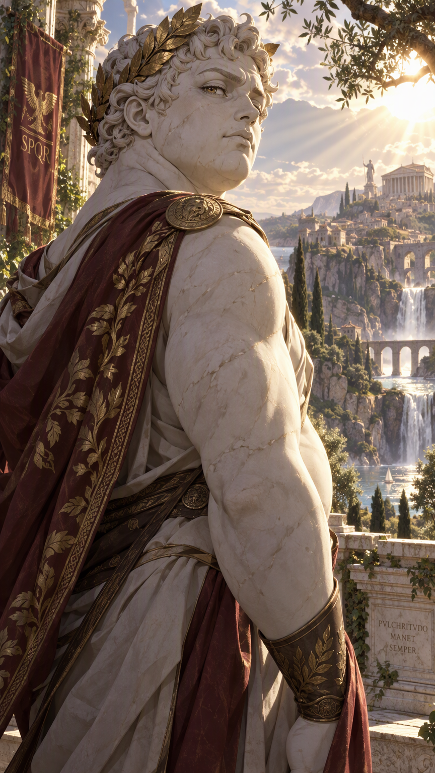 anime style, living roman statue man, marble skin, 1boy, slightly pudgy, roman laurel crown, looking imperiously over shoulder, over the shoulder shot, upper body, outdoors, nature, cowboy shot, rim l