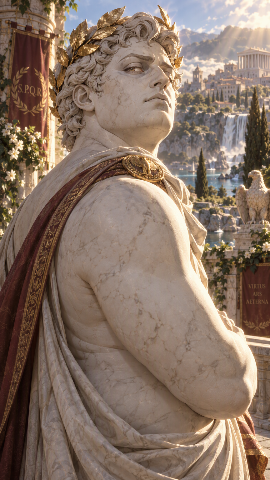 anime style, living roman statue man, marble skin, 1boy, slightly pudgy, roman laurel crown, looking imperiously over shoulder of the camera man, upper body, outdoors, nature, rim lighting, volumetric