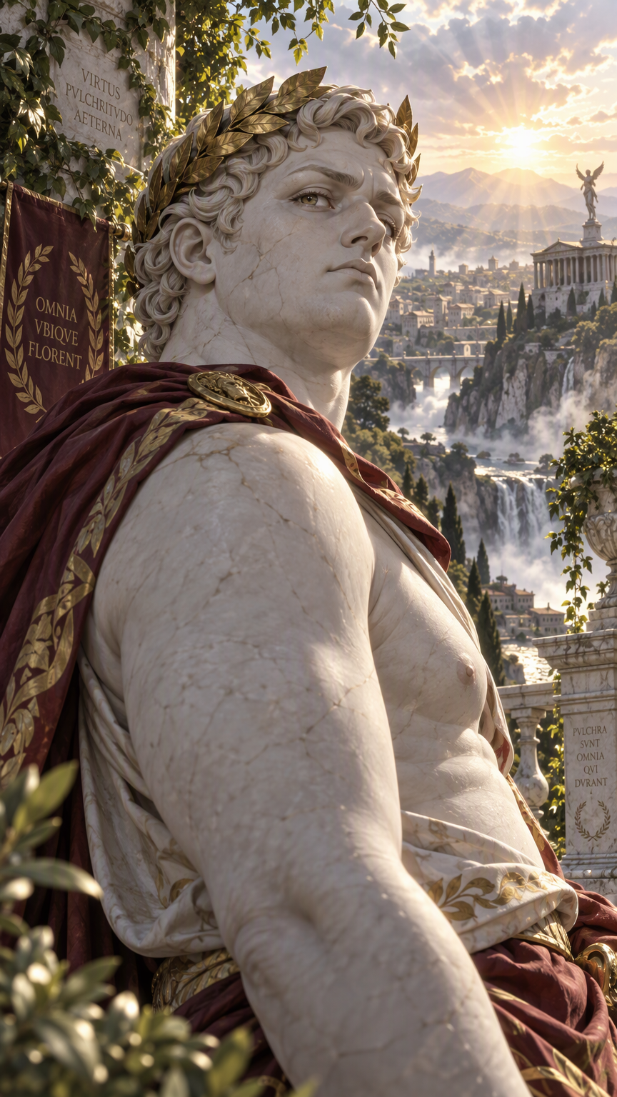 anime style, living roman statue man, marble skin, 1boy, slightly pudgy, roman laurel crown, looking imperiously over shoulder of the camera man, upper body, outdoors, nature, rim lighting, volumetric