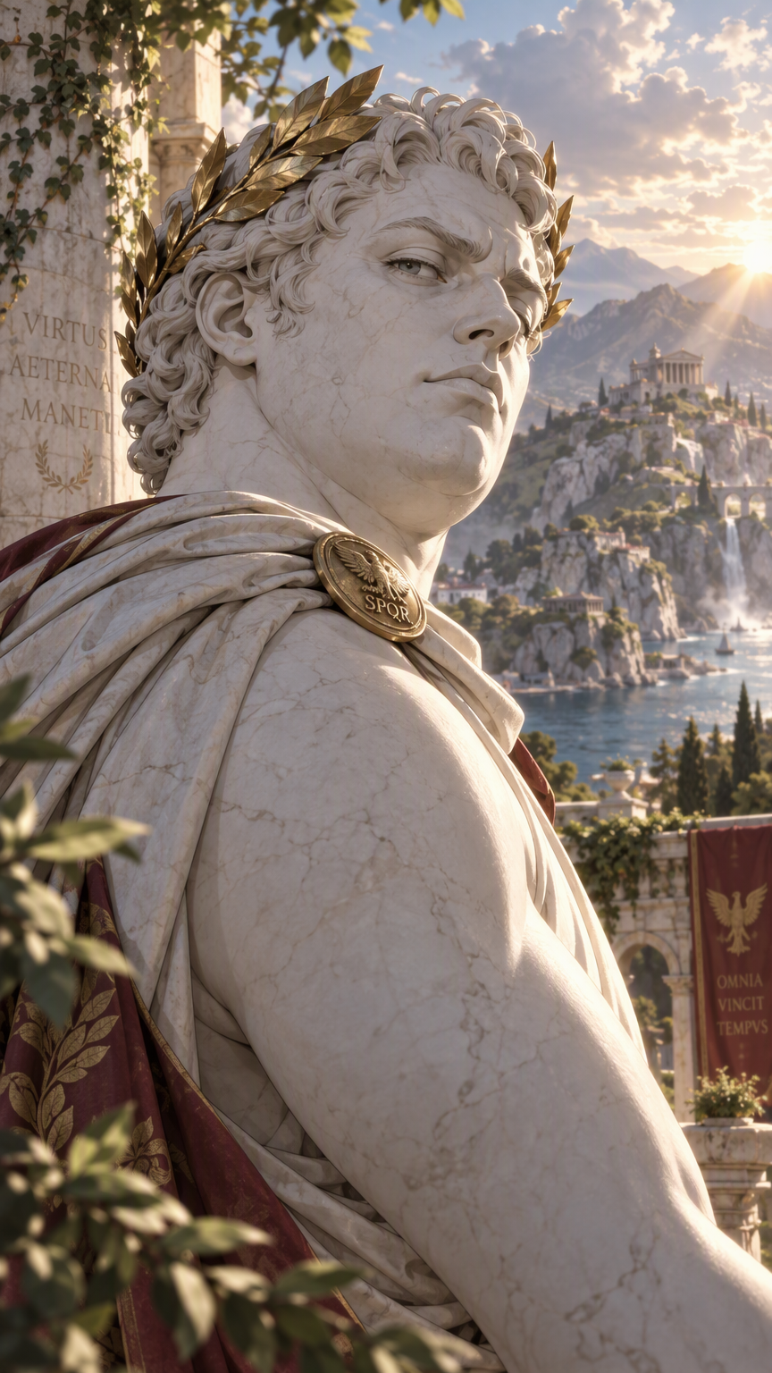 anime style, living roman statue man, marble skin, 1boy, slightly pudgy, roman laurel crown, looking imperiously over shoulder of the camera man, upper body, outdoors, nature, rim lighting, volumetric