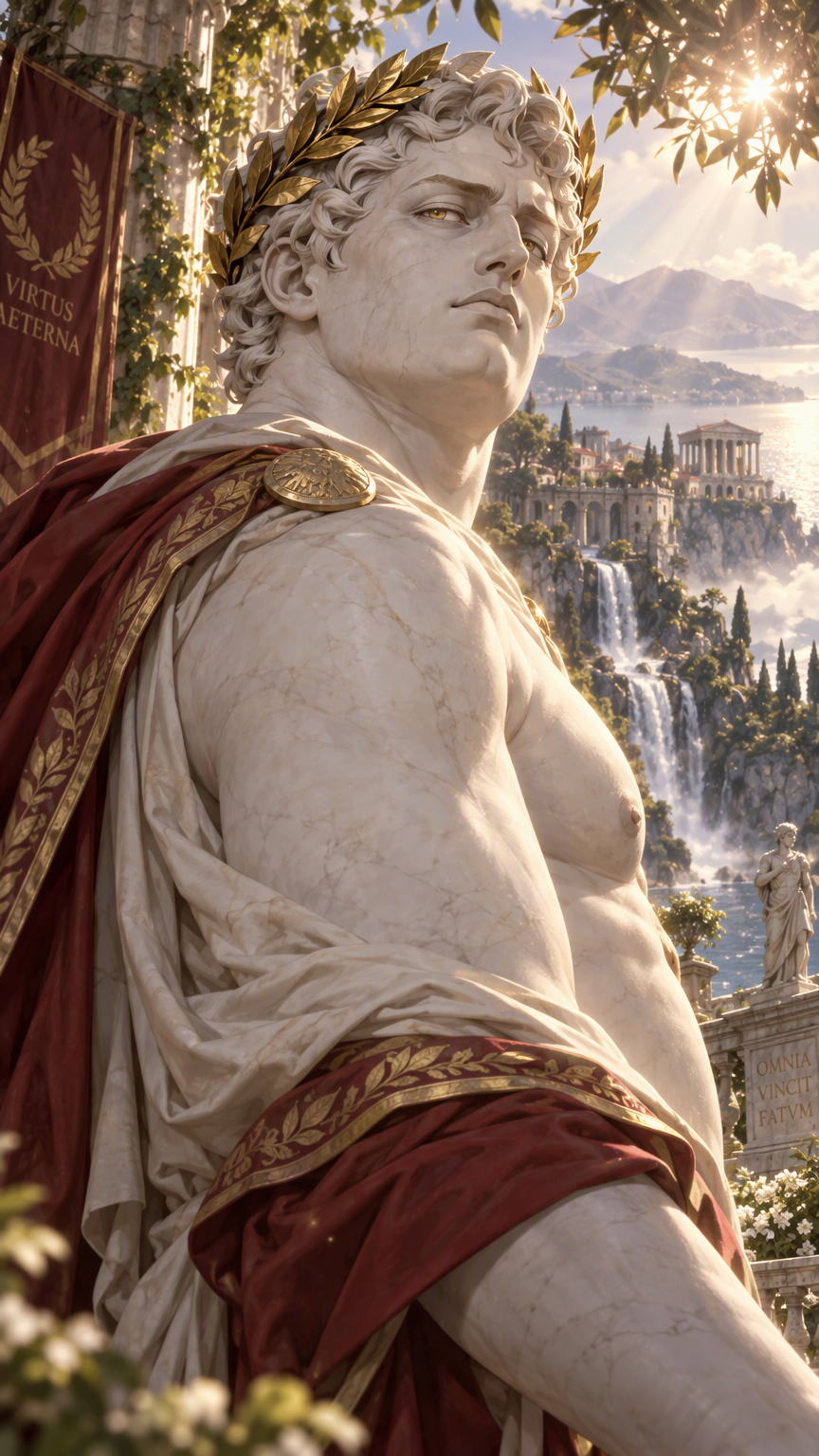 anime style, living roman statue man, marble skin, 1boy, slightly pudgy, roman laurel crown, looking imperiously over shoulder of the camera man, upper body, outdoors, nature, rim lighting, volumetric