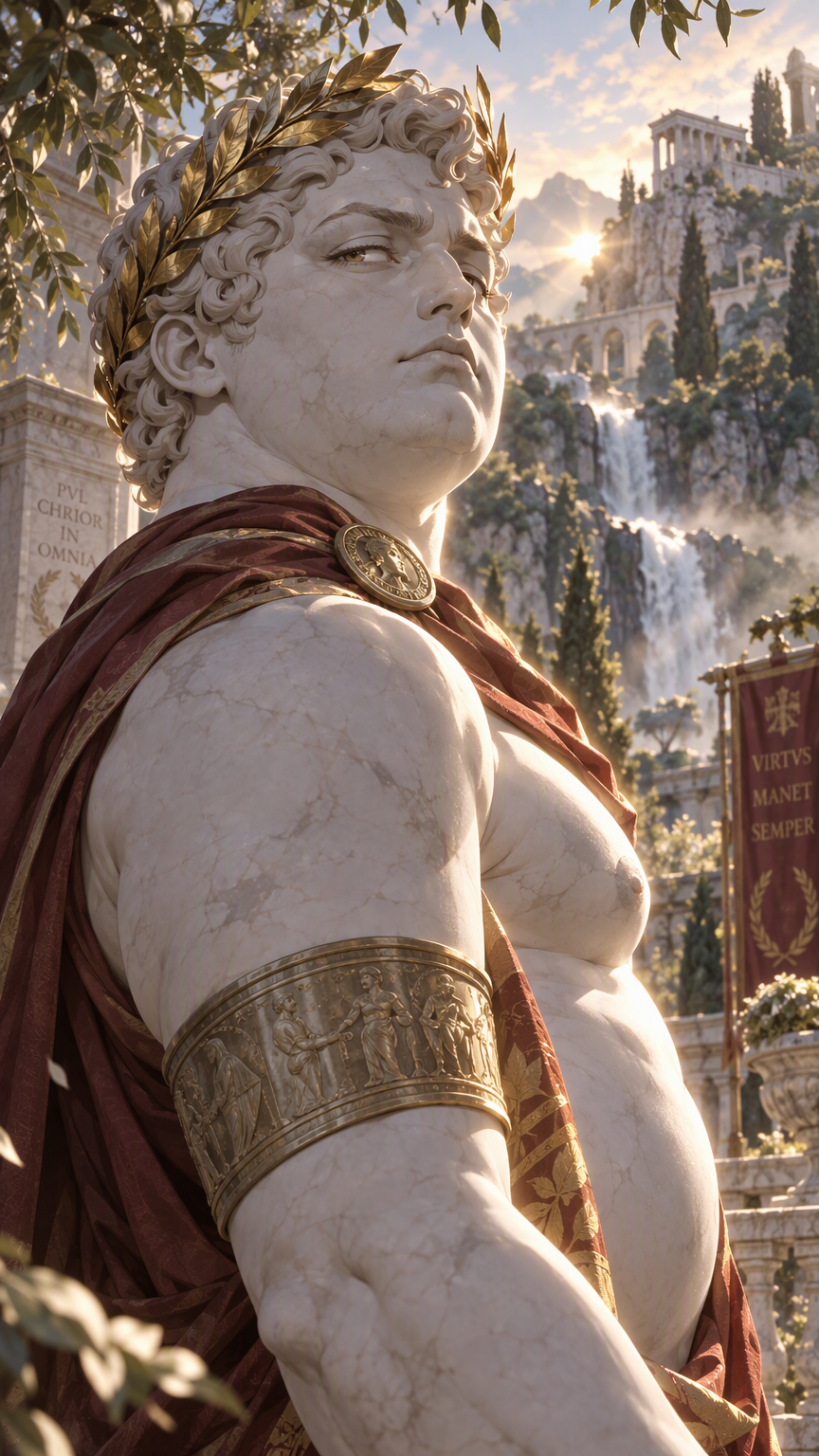 anime style, living roman statue man, marble skin, 1boy, slightly pudgy, roman laurel crown, looking imperiously over shoulder of the camera man, upper body, outdoors, nature, rim lighting, volumetric