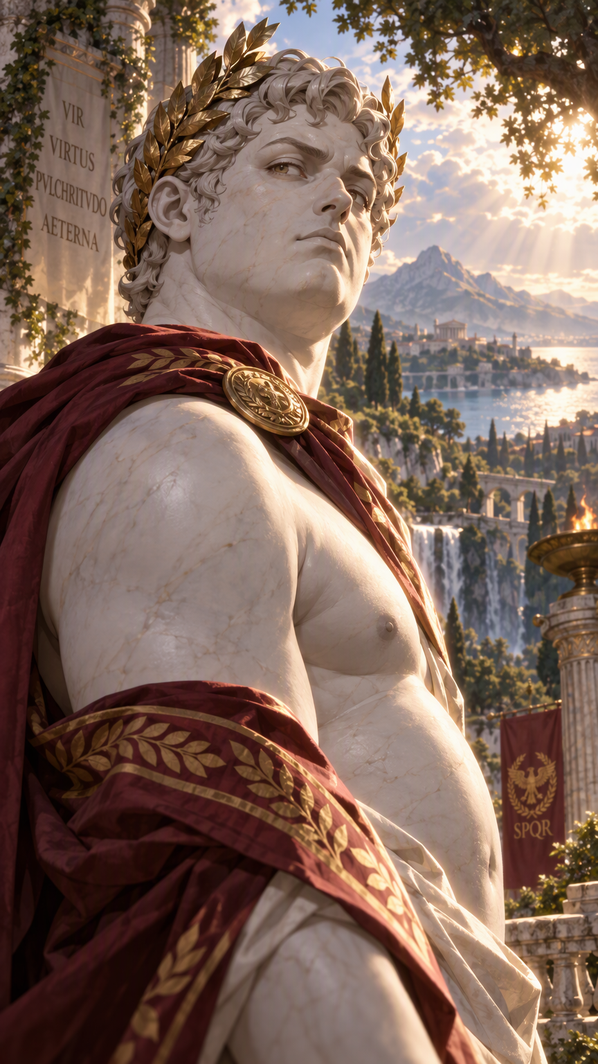 anime style, living roman statue man, marble skin, 1boy, slightly pudgy, roman laurel crown, looking imperiously over shoulder of the camera man, upper body, outdoors, nature, rim lighting, volumetric