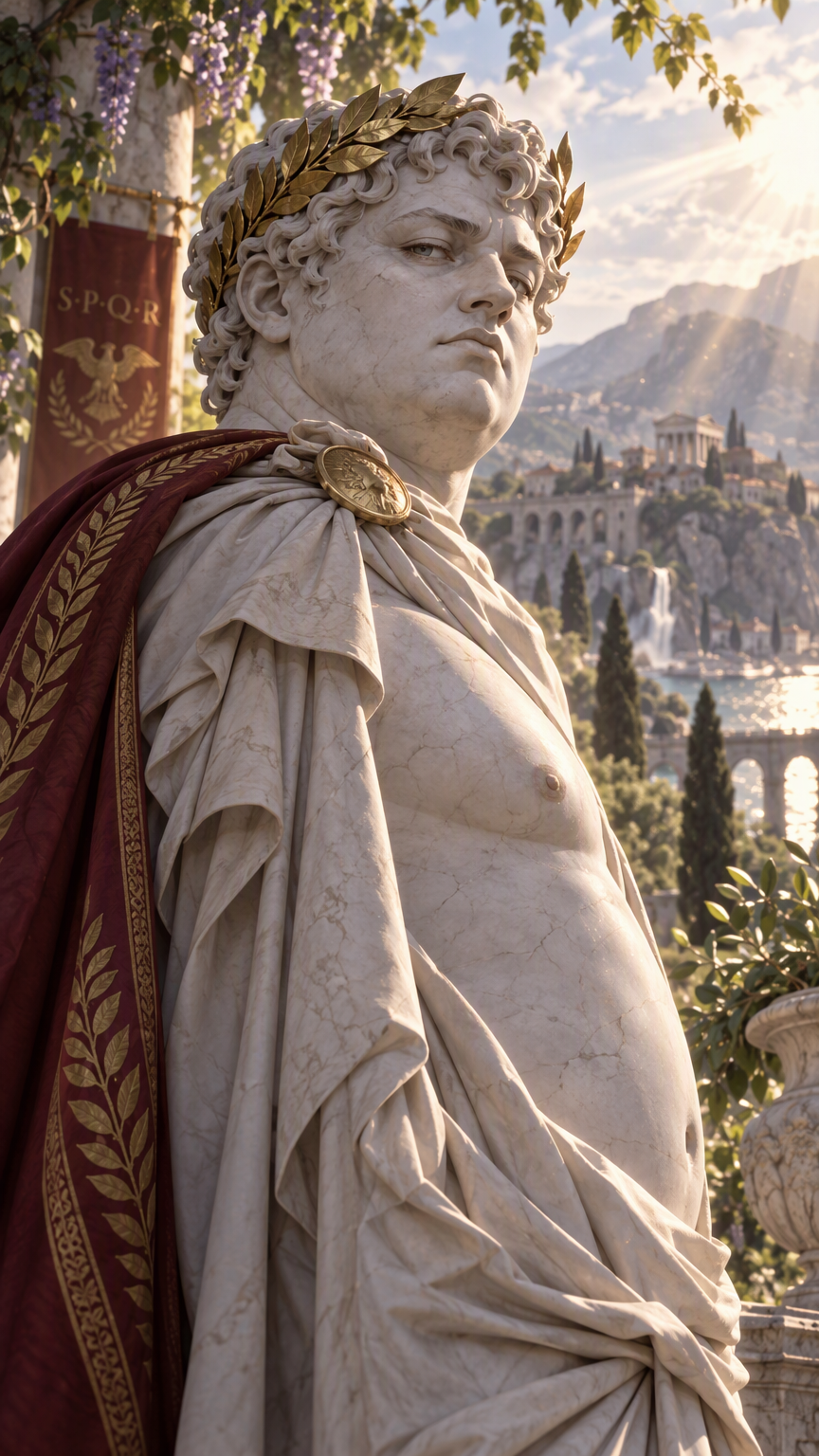 anime style, living roman statue man, marble skin, 1boy, slightly pudgy, roman laurel crown, looking imperiously over shoulder of the camera man, upper body, outdoors, nature, rim lighting, volumetric