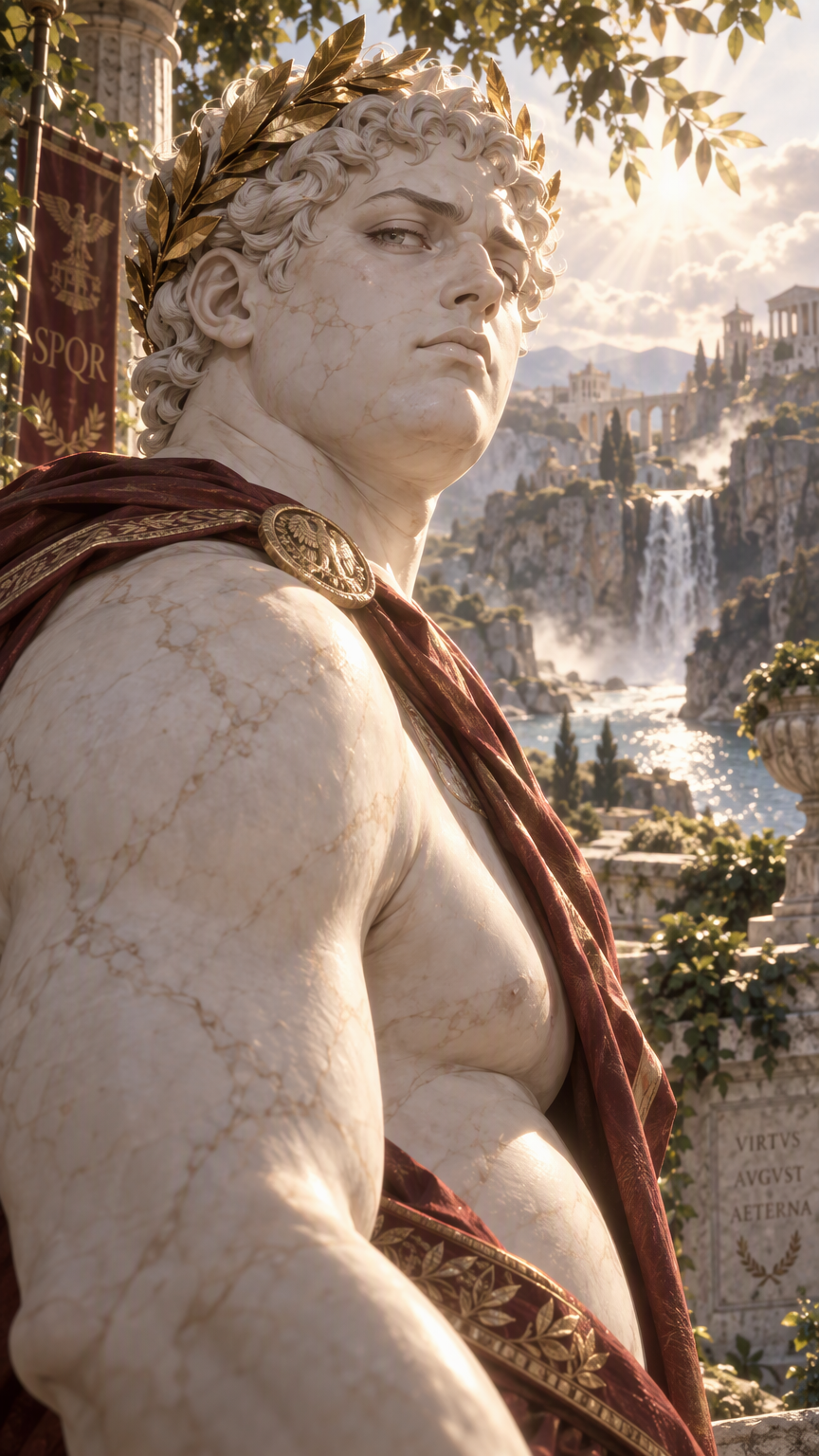 anime style, living roman statue man, marble skin, 1boy, slightly pudgy, roman laurel crown, looking imperiously over shoulder of the camera man, upper body, outdoors, nature, rim lighting, volumetric