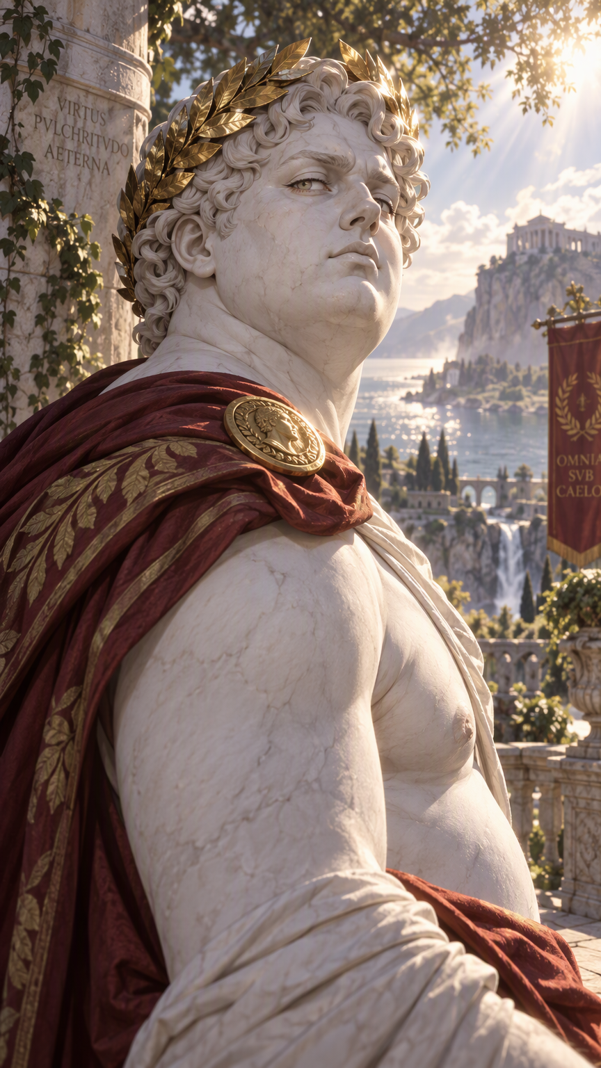 anime style, living roman statue man, marble skin, 1boy, slightly pudgy, roman laurel crown, looking imperiously over shoulder of the camera man, upper body, outdoors, nature, rim lighting, volumetric
