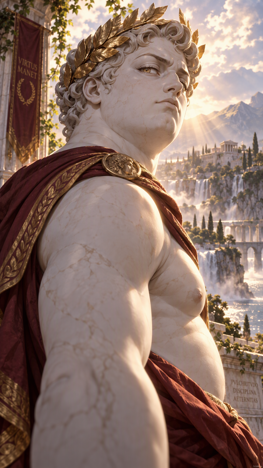 anime style, living roman statue man, marble skin, 1boy, slightly pudgy, roman laurel crown, looking imperiously over shoulder of the camera man, upper body, outdoors, nature, rim lighting, volumetric