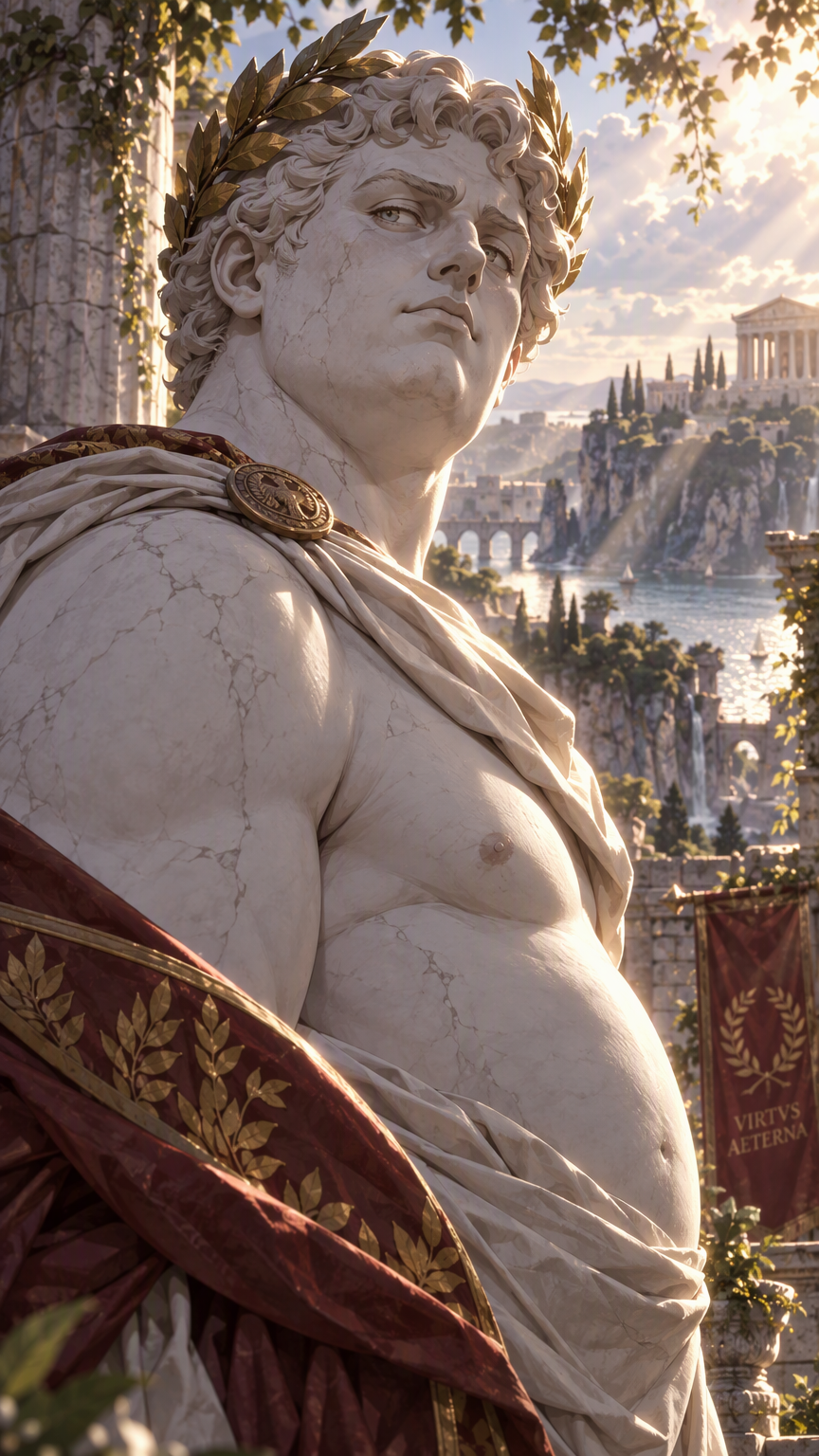 anime style, living roman statue man, marble skin, 1boy, slightly pudgy, roman laurel crown, looking imperiously over shoulder of the camera man, upper body, outdoors, nature, rim lighting, volumetric