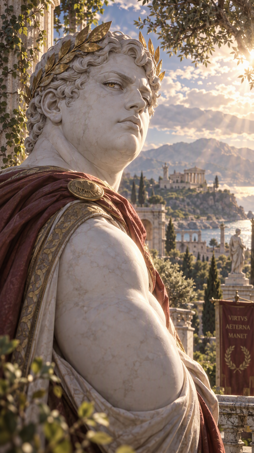 anime style, living roman statue man, marble skin, 1boy, slightly pudgy, roman laurel crown, looking imperiously over shoulder of the camera man, upper body, outdoors, nature, rim lighting, volumetric