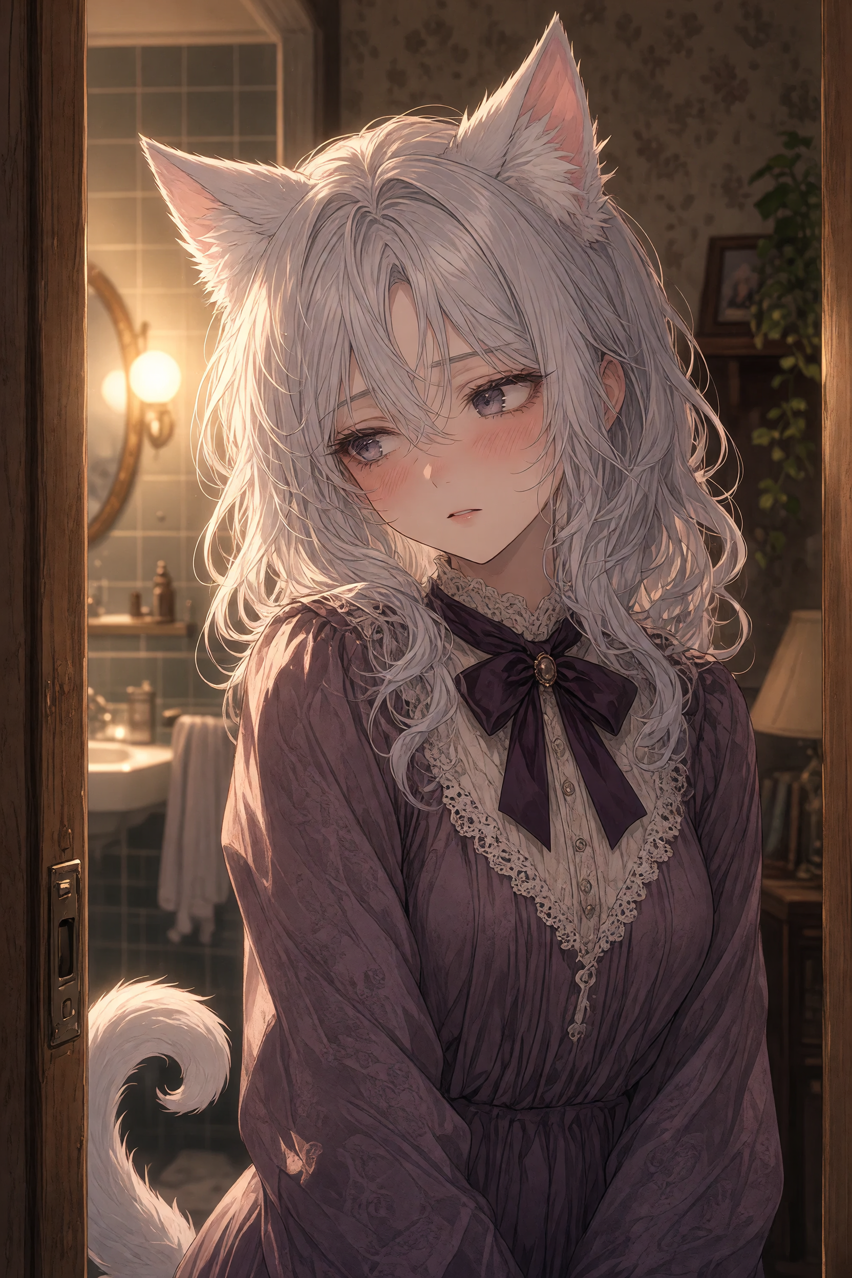 Anime style: white-haired girl with animal ears and tail in vintage plum dress, crooked bow at collar, flushed cheeks, standing in bathroom doorway, soft lighting, pale skin glowing, loose waves in ha