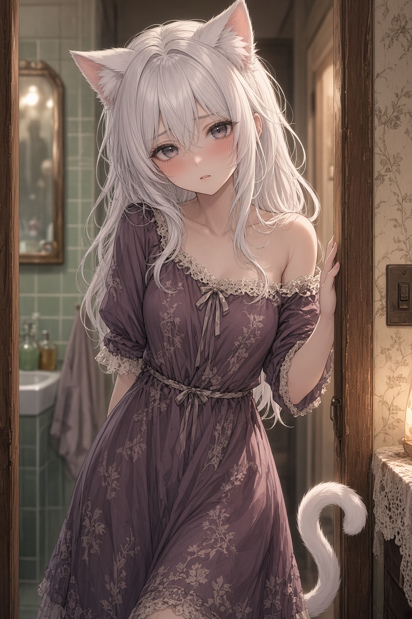 Anime style: white-haired catgirl in crooked plum dress, flushed ears and bright eyes, tail curling uncertainly, standing in bathroom doorway, soft lighting, vintage fabric, luminous pale skin, emotio