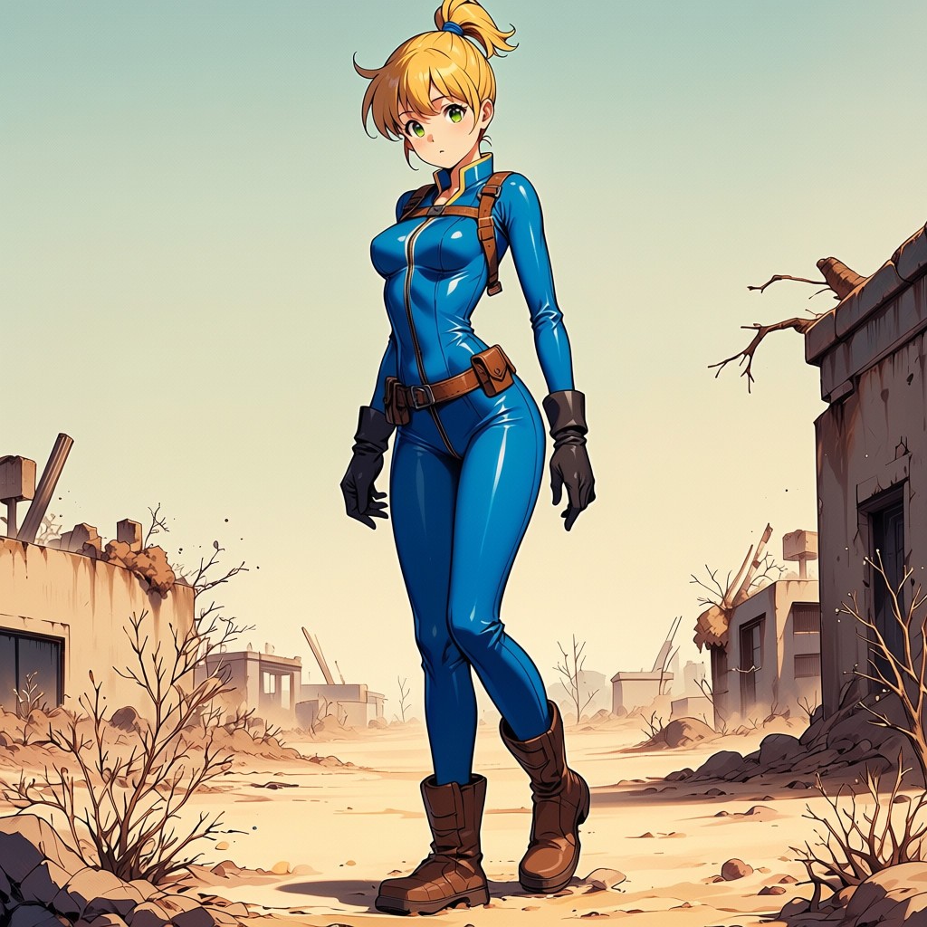masterpiece, best quality, score_7, anime coloring, 1girl, solo, full body, vault dweller, blonde hair, green eyes, medium breasts, perky breasts, petite, skinny, slender, toned, hip dips, narrow wais