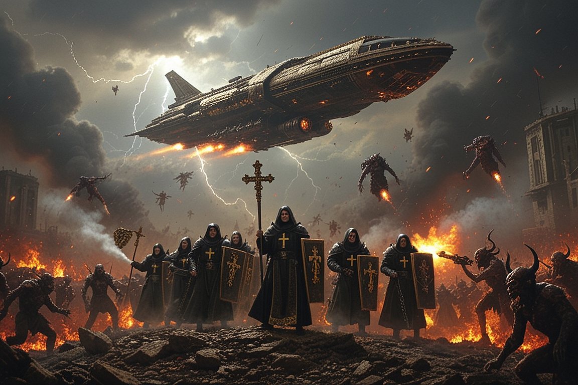 Style: Dark scifi oil painting. A platoon of Scifi catholic warrior monks wearing dark brown with dark iron trim. They are in the middle of the image on a raised section of rubble, Battle-scarred and 