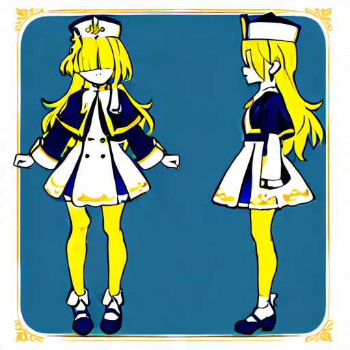 An image of a stylish fantasy character, 2D anime, very fashionable. A young woman cleric with beautiful blond hair and two long bangs over the white pure cloth she wears over her eyes. She wears a sh