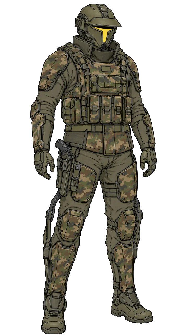 Same image but add colors, woodland hues and camouflage patterns especially on the armor plates and pouches but more solid colors on under suit and helmet. Visor of helmet needs to be a medium yellow 