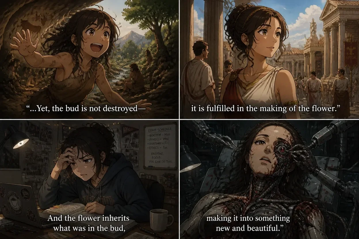 A four-panel image, arranged into 2x2 panels. The first panel shows a girl in pre-historic times with a playful, joyous expression. The second shows the same girl, now aged to be a young woman in the 