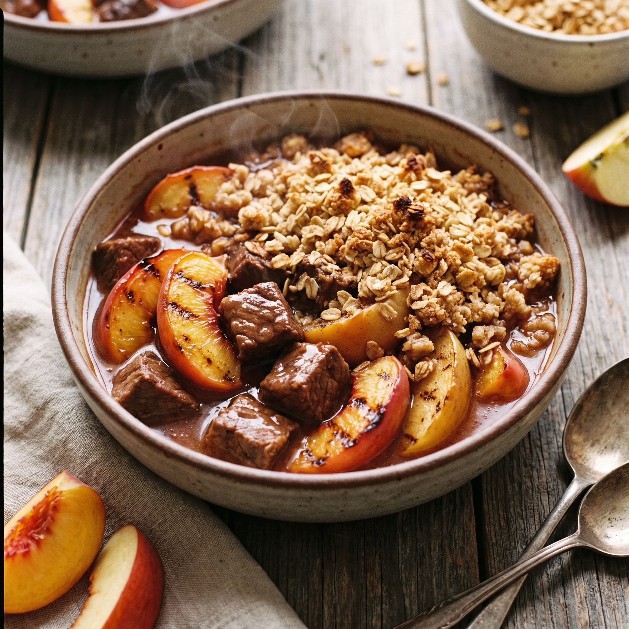 Braised Beef with Smoked Peach Apple Oat Crumble