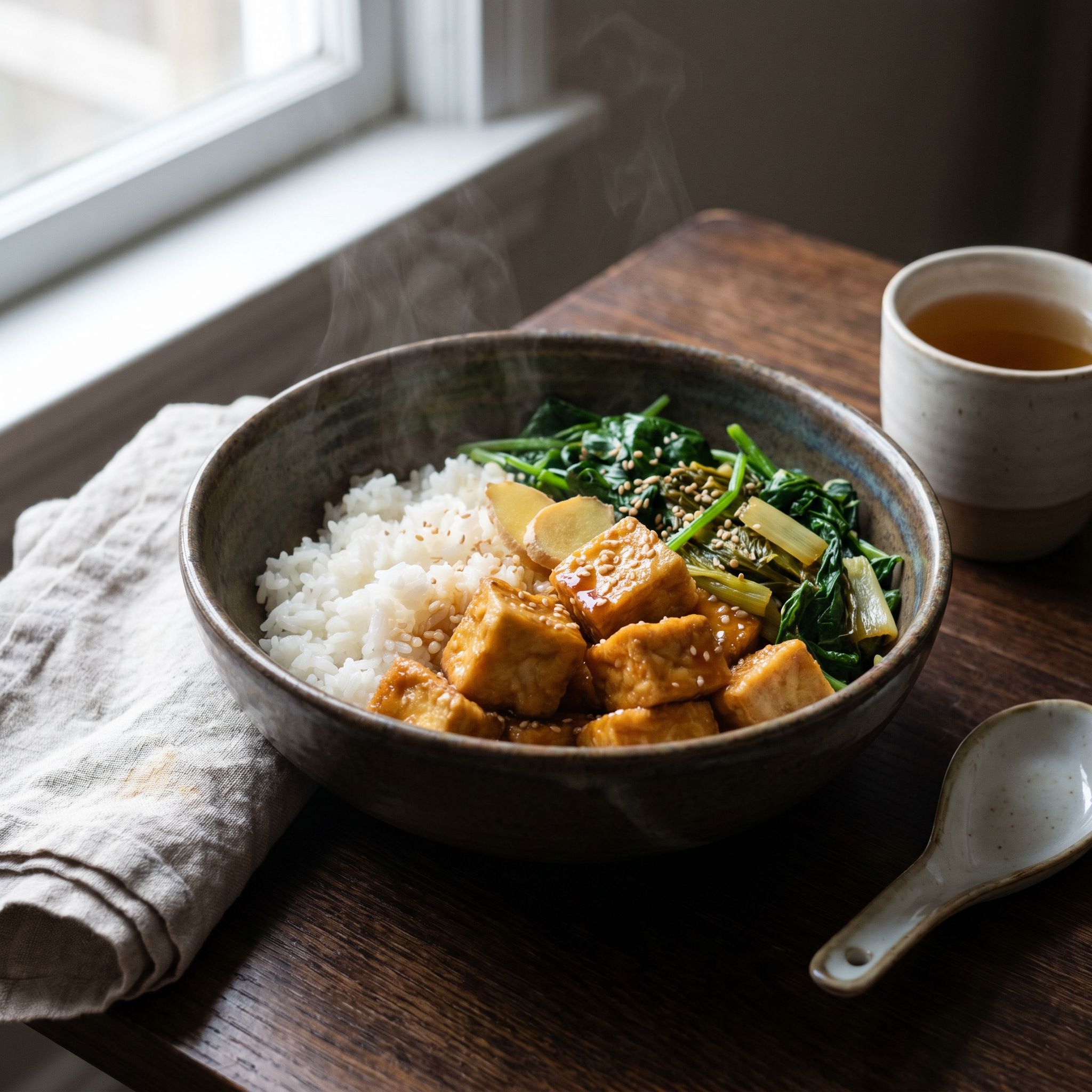 Braised Tofu Spinach Mustard Umami Rice