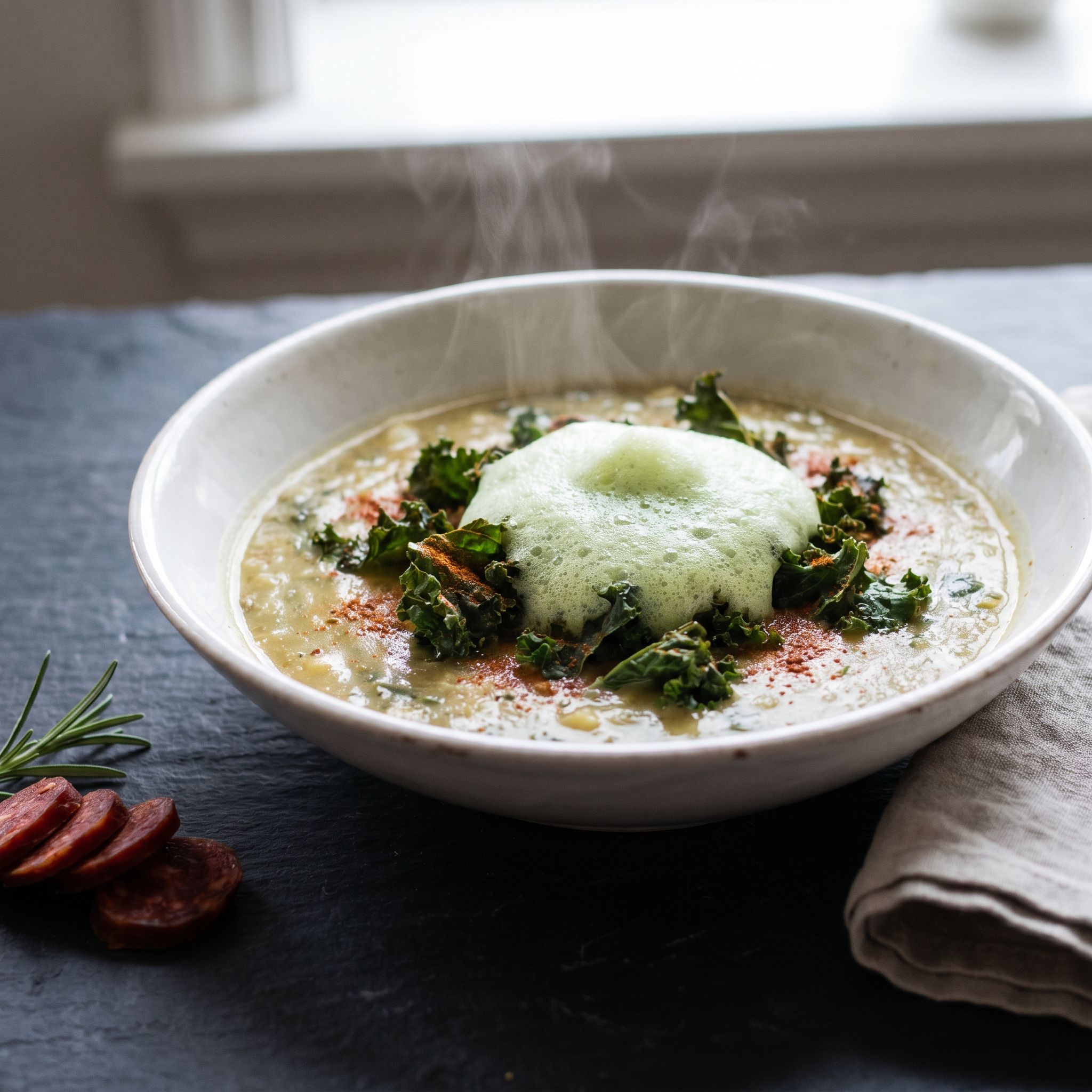 Caldo Verde Foam and Kale Chips