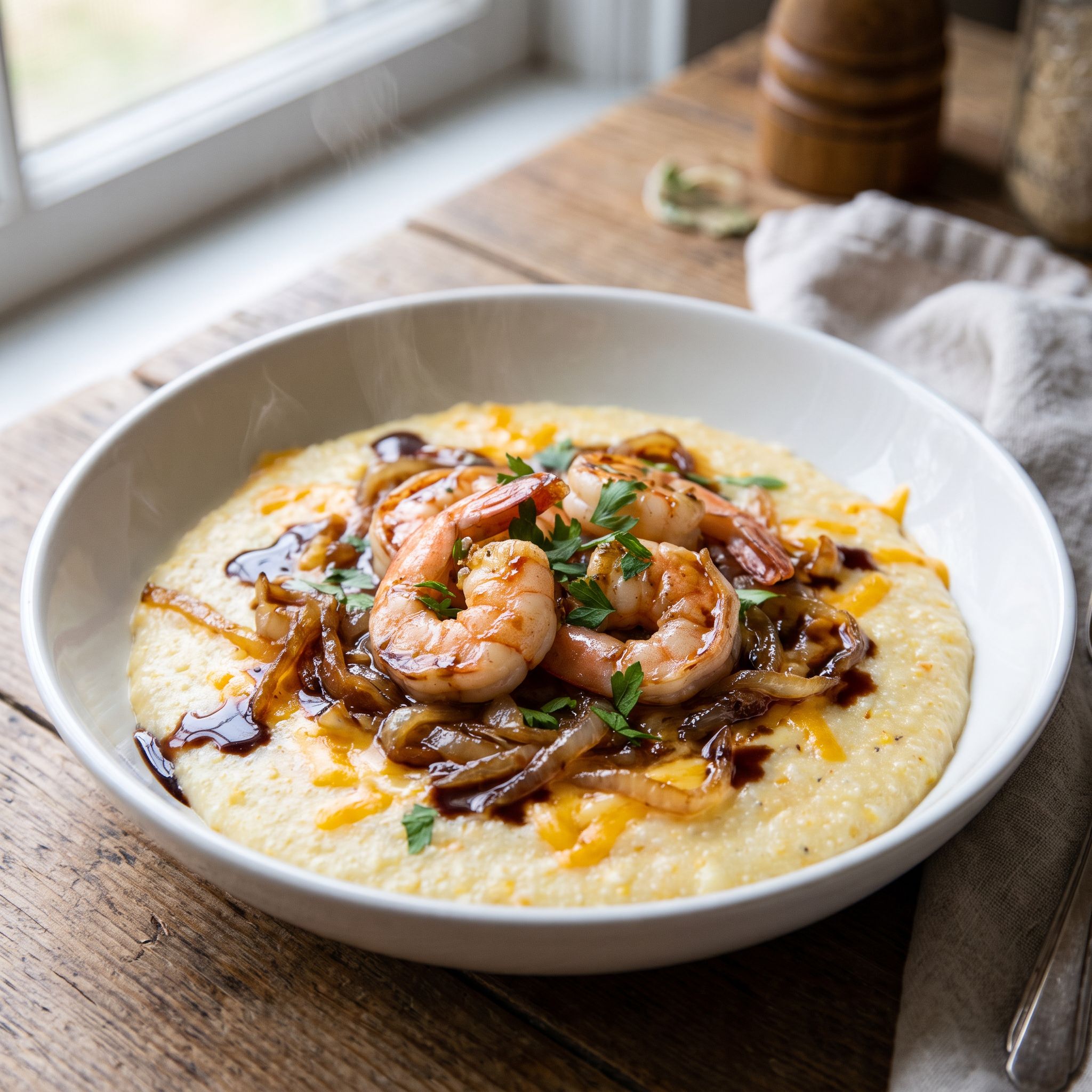 Caramelized Onion Balsamic Shrimp Grits