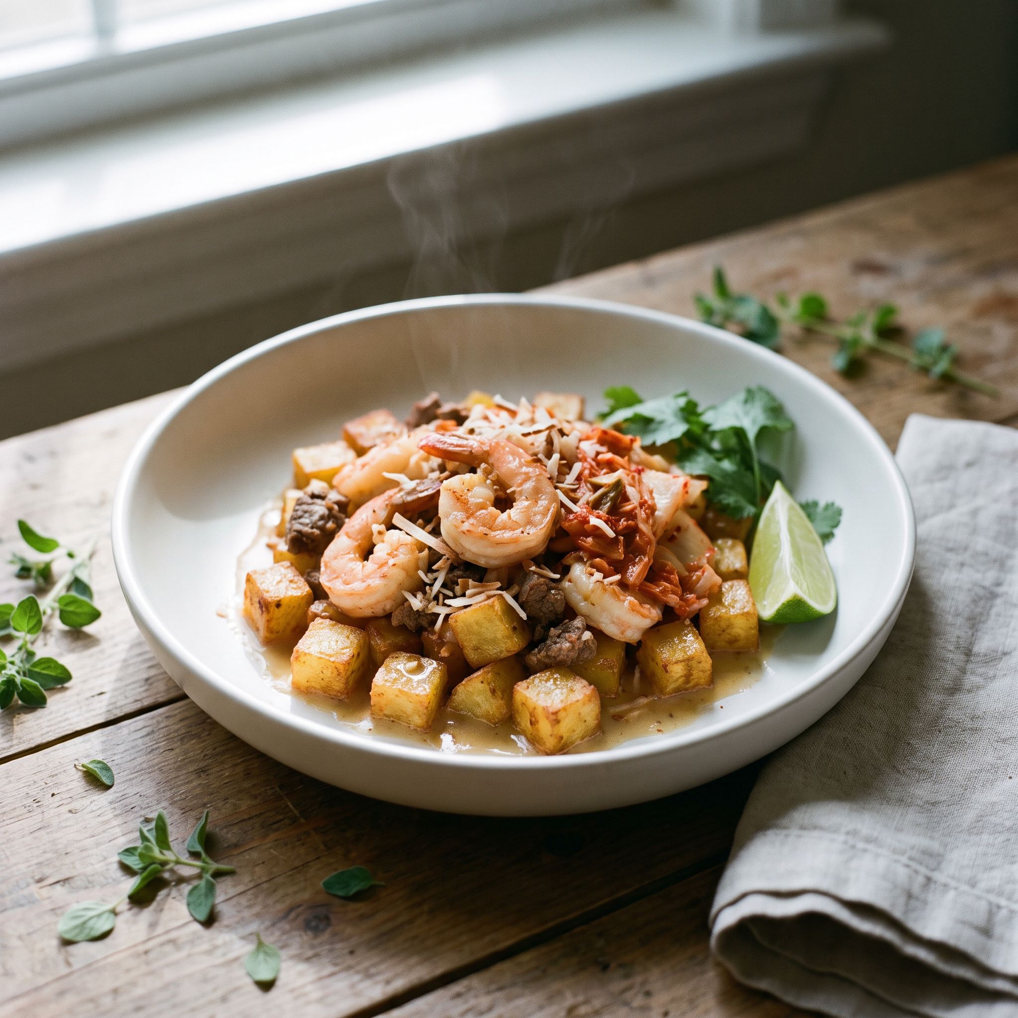 Coconut Kimchi Shrimp Hash