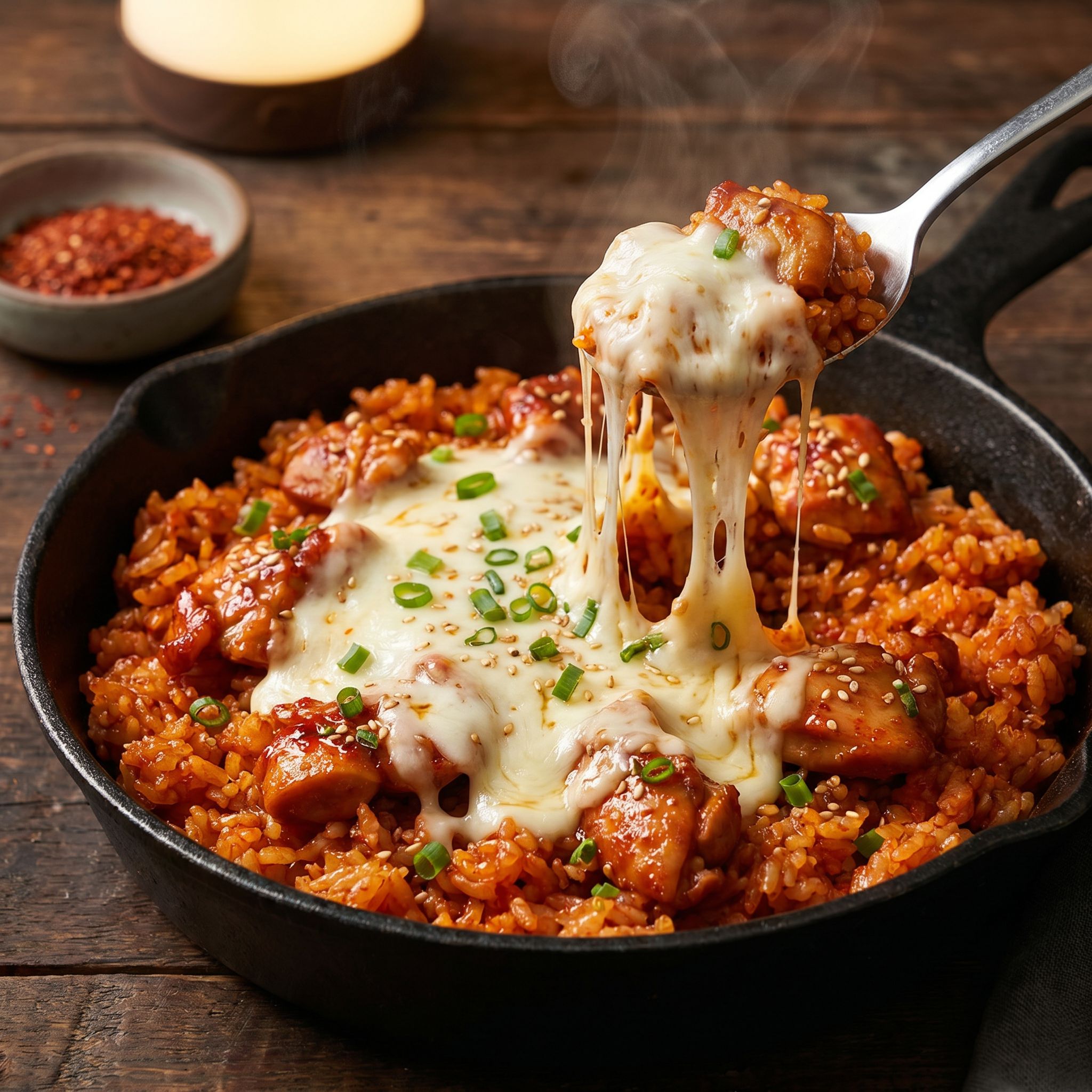Creamy Buldak Cheese Rice Skillet