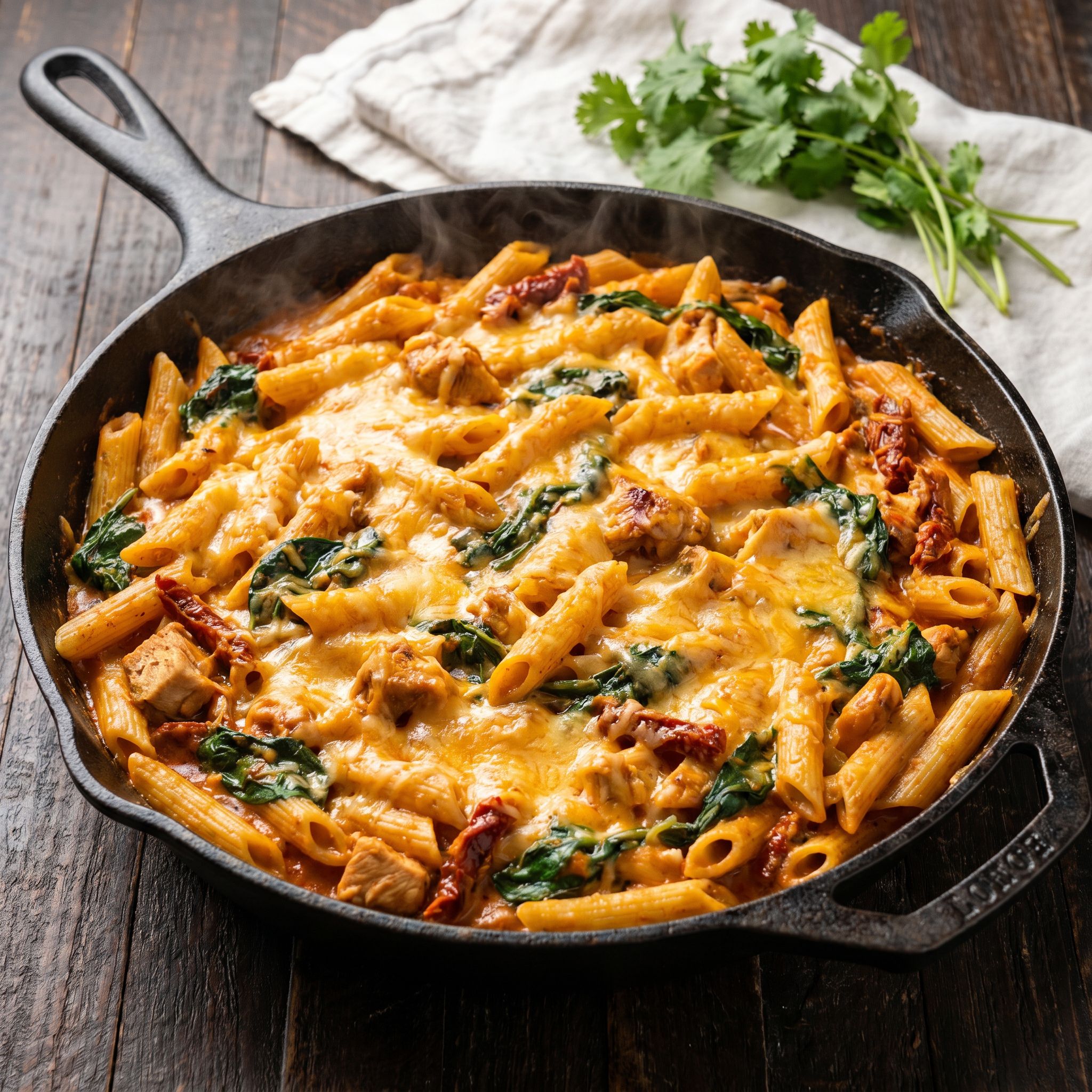 Creamy Chipotle Chicken Spinach Pasta Bake