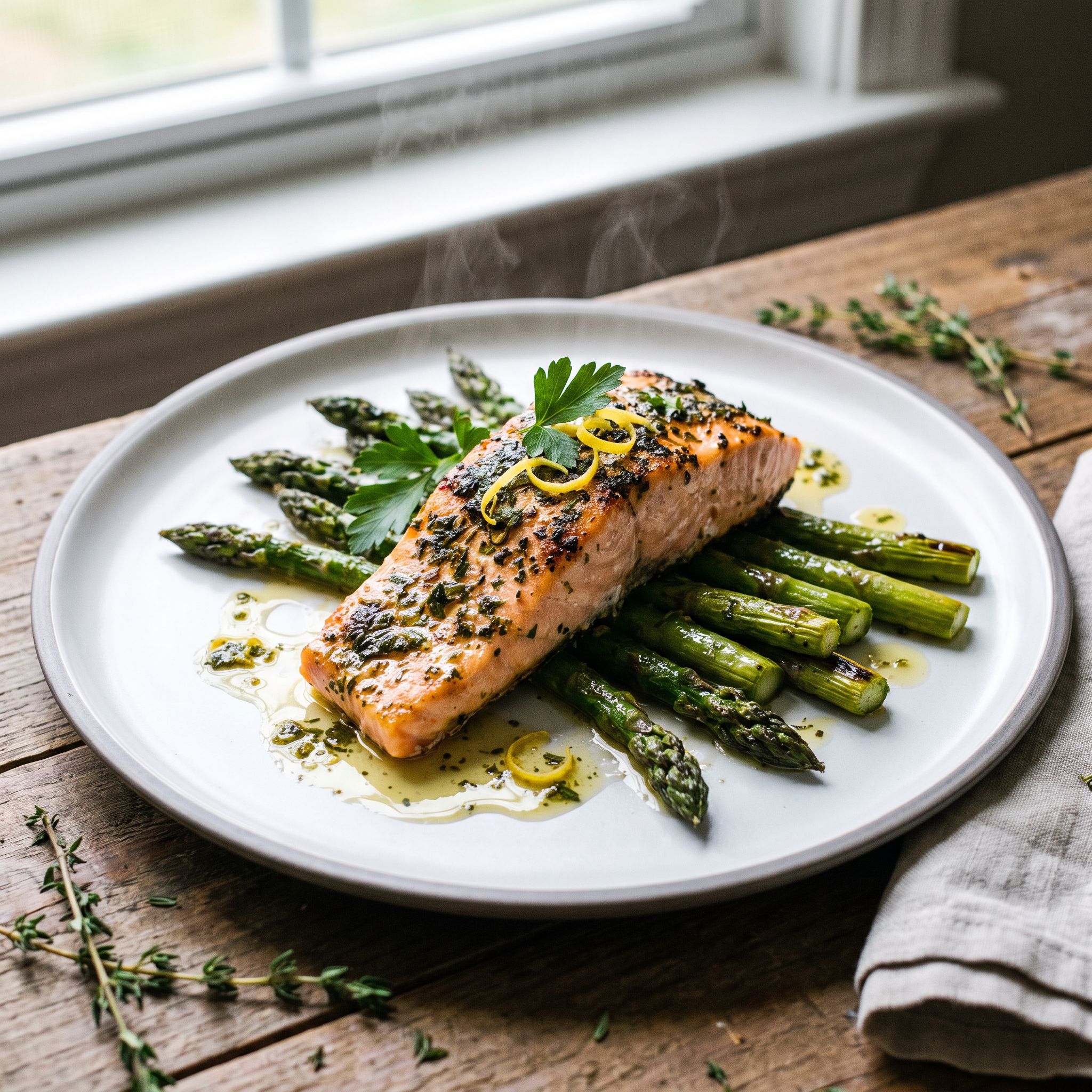 Garlic Herb Salmon and Asparagus Bake