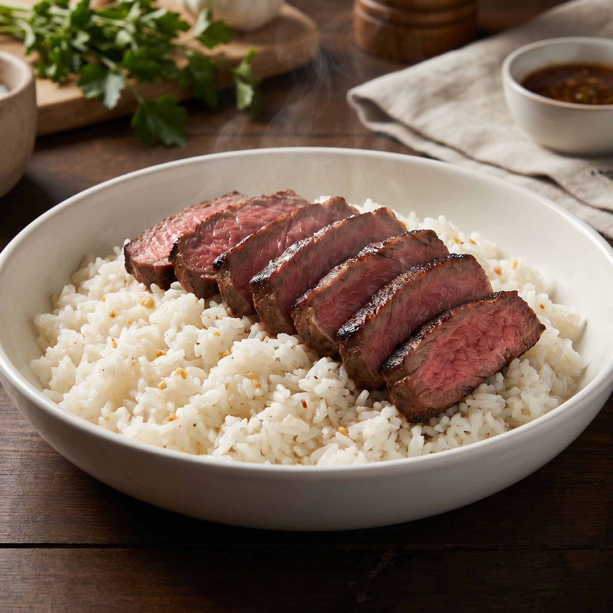 Garlic Onion Seared Steak Rice Bowls