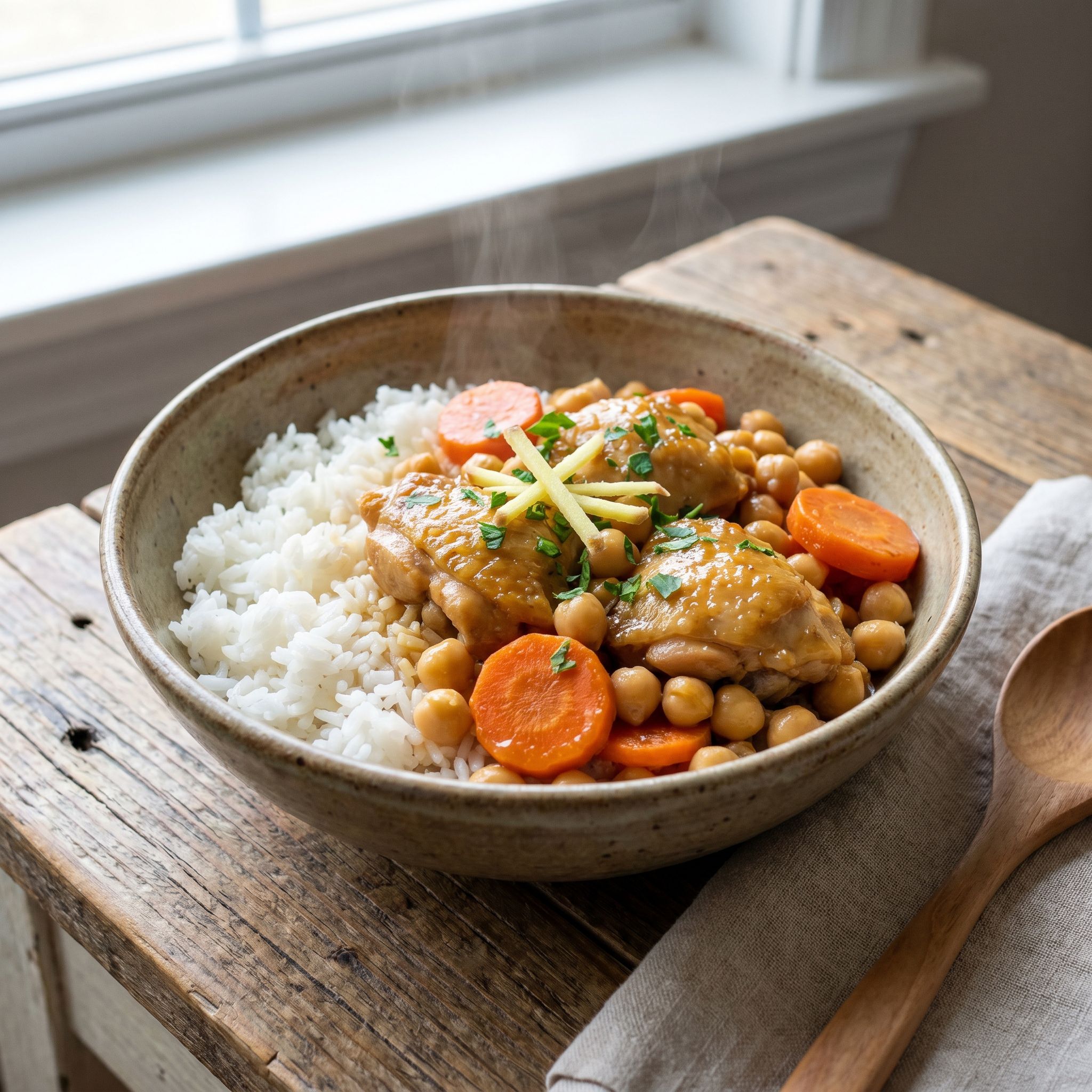 Ginger Carrot Chicken Chickpea Rice Bowl