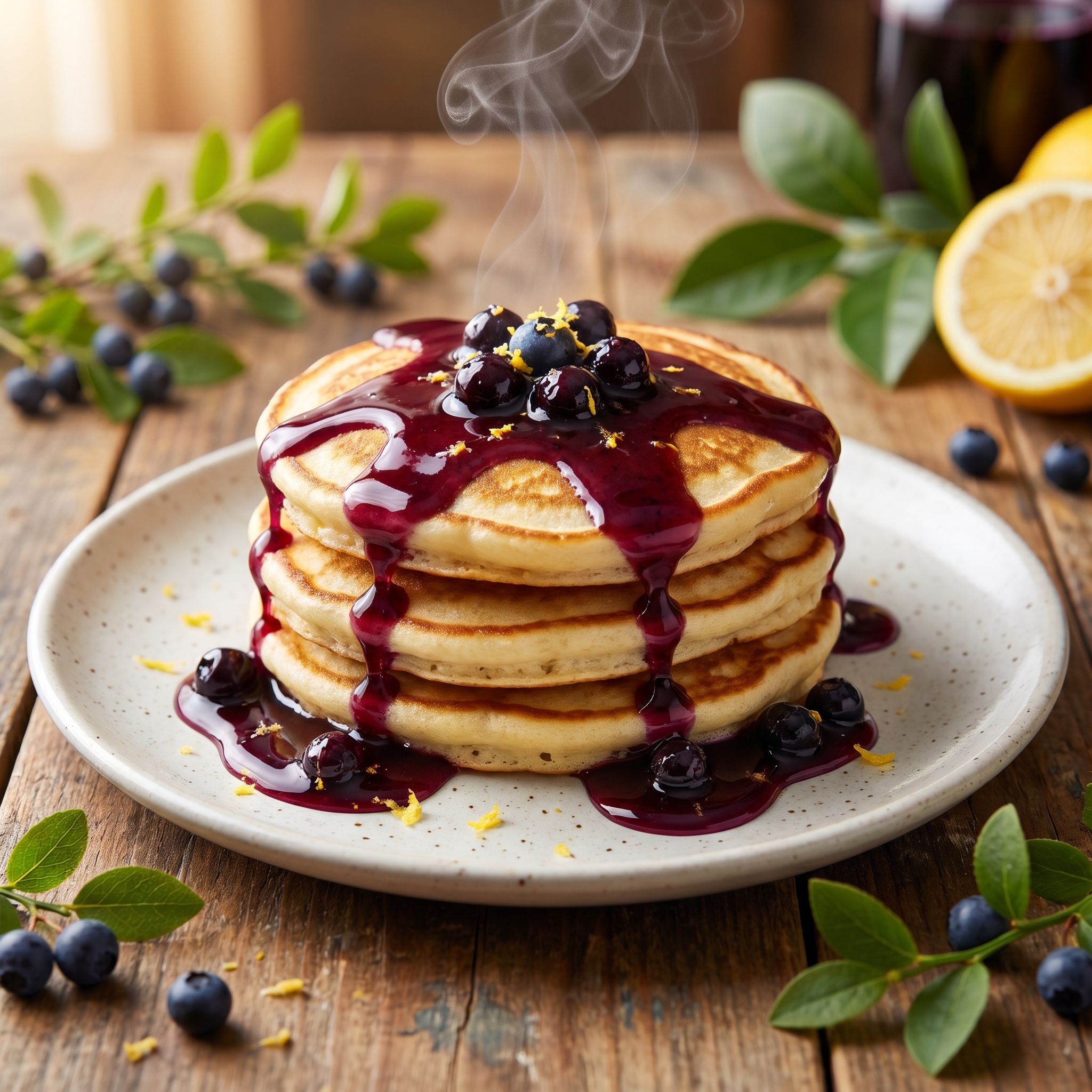 Huckleberry Lemon Ricotta Cloud Pancakes with Maple Berry Cascade