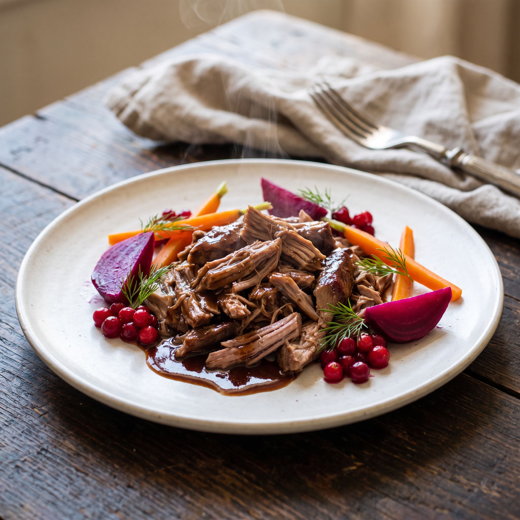 Juniper Ember Braised Pork with Lingonberry Fire Pickles