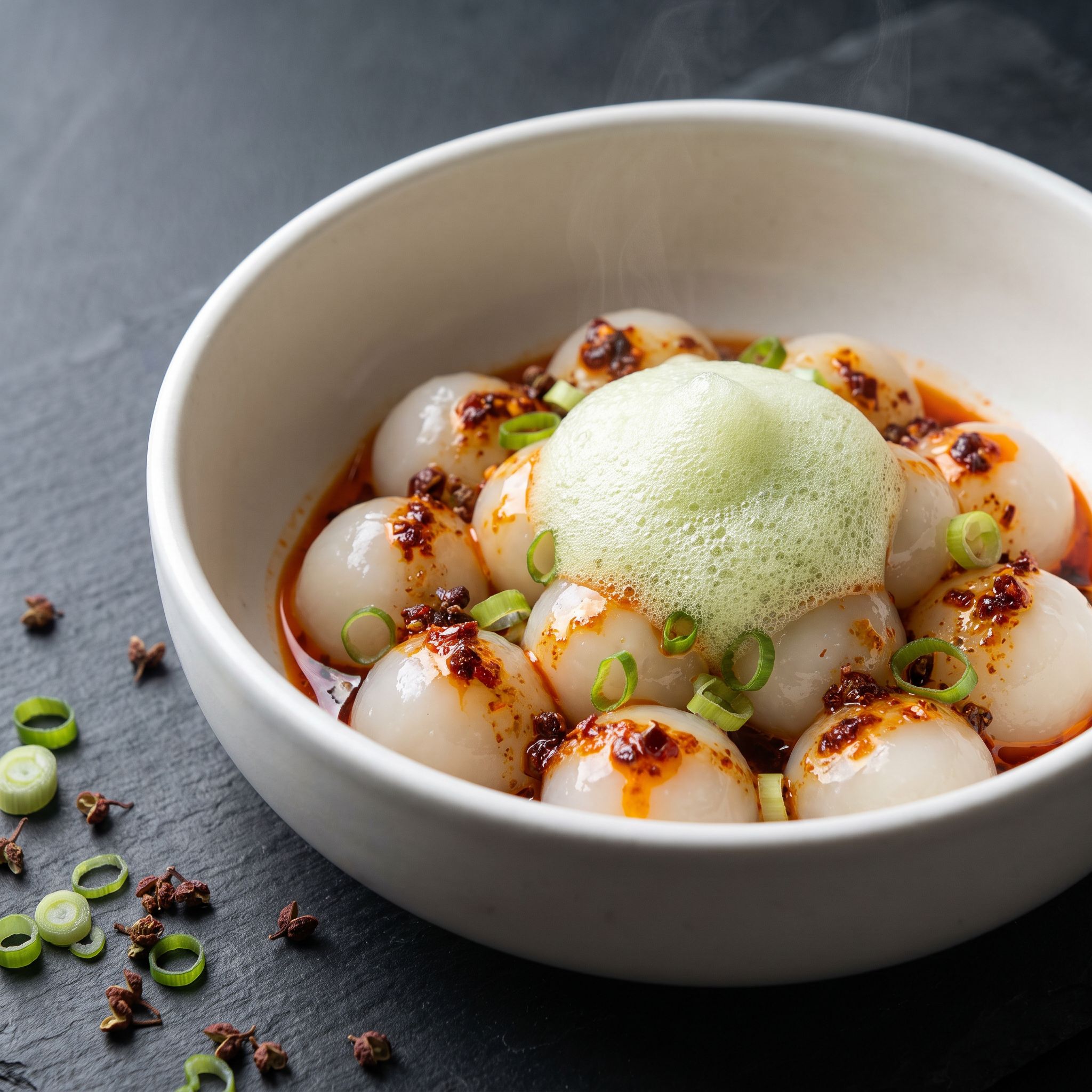 Mala Tofu Spheres with Peppercorn Foam