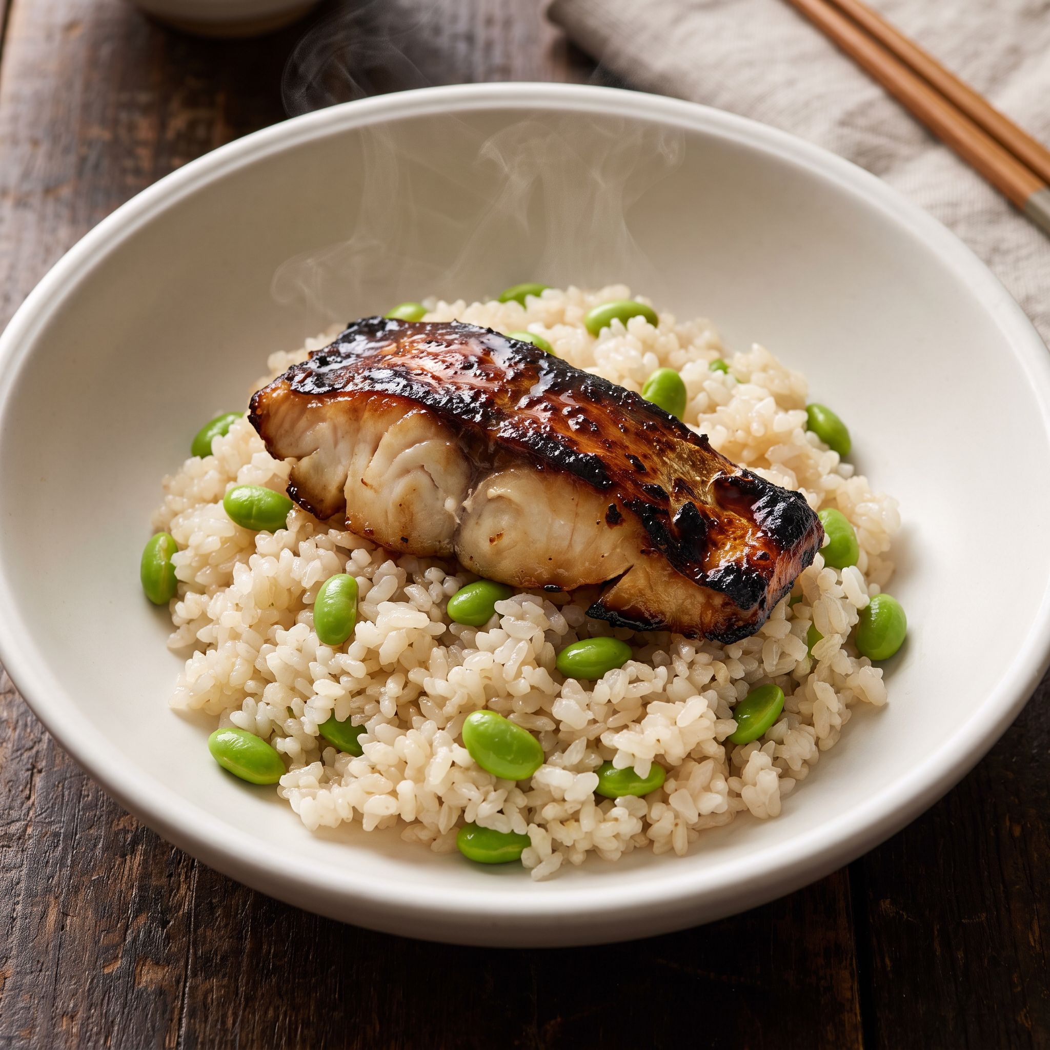 Miso-Sake Glazed Sablefish with Edamame Rice