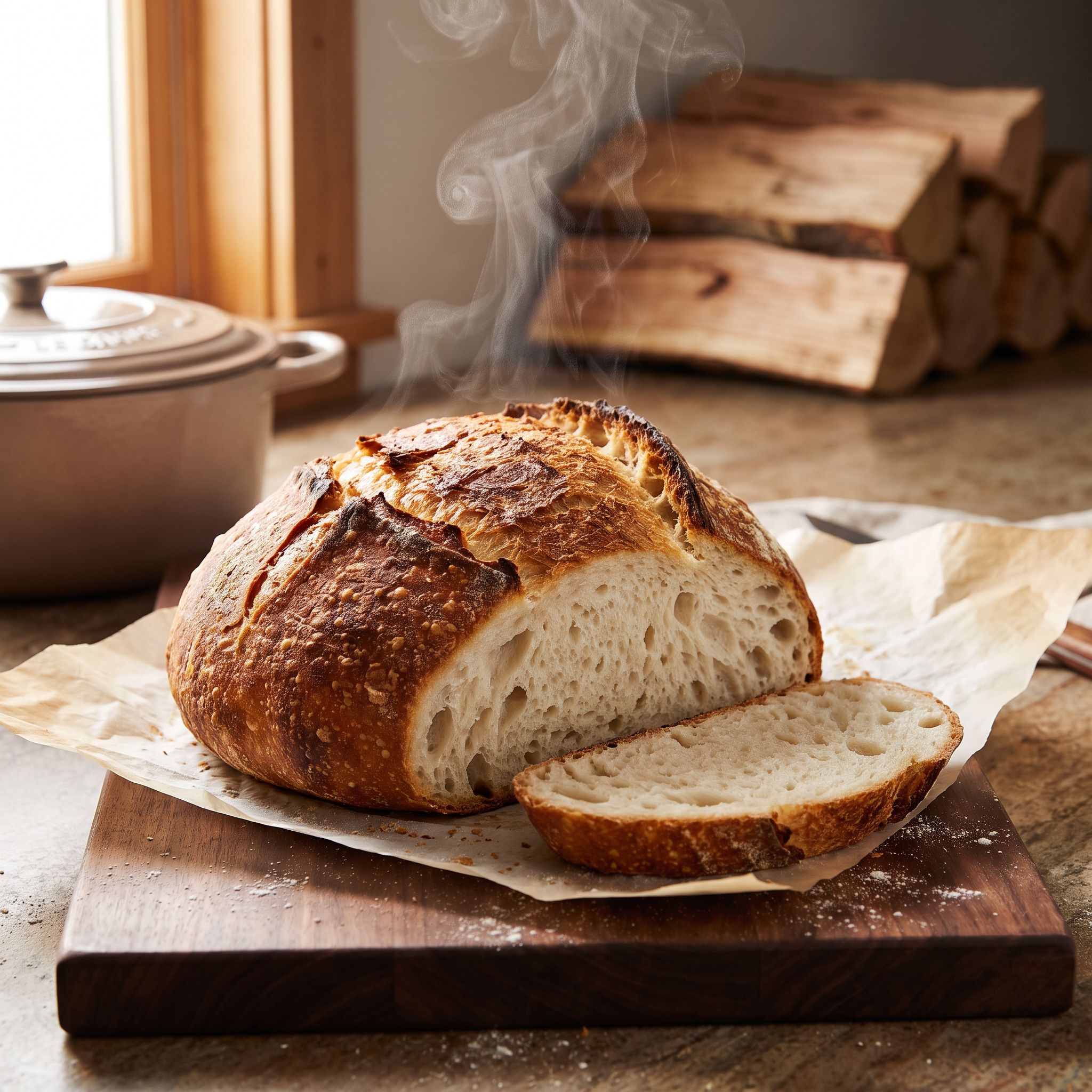 No-Knead Bread in a Ceramic Dutch Oven on a Wood Stove