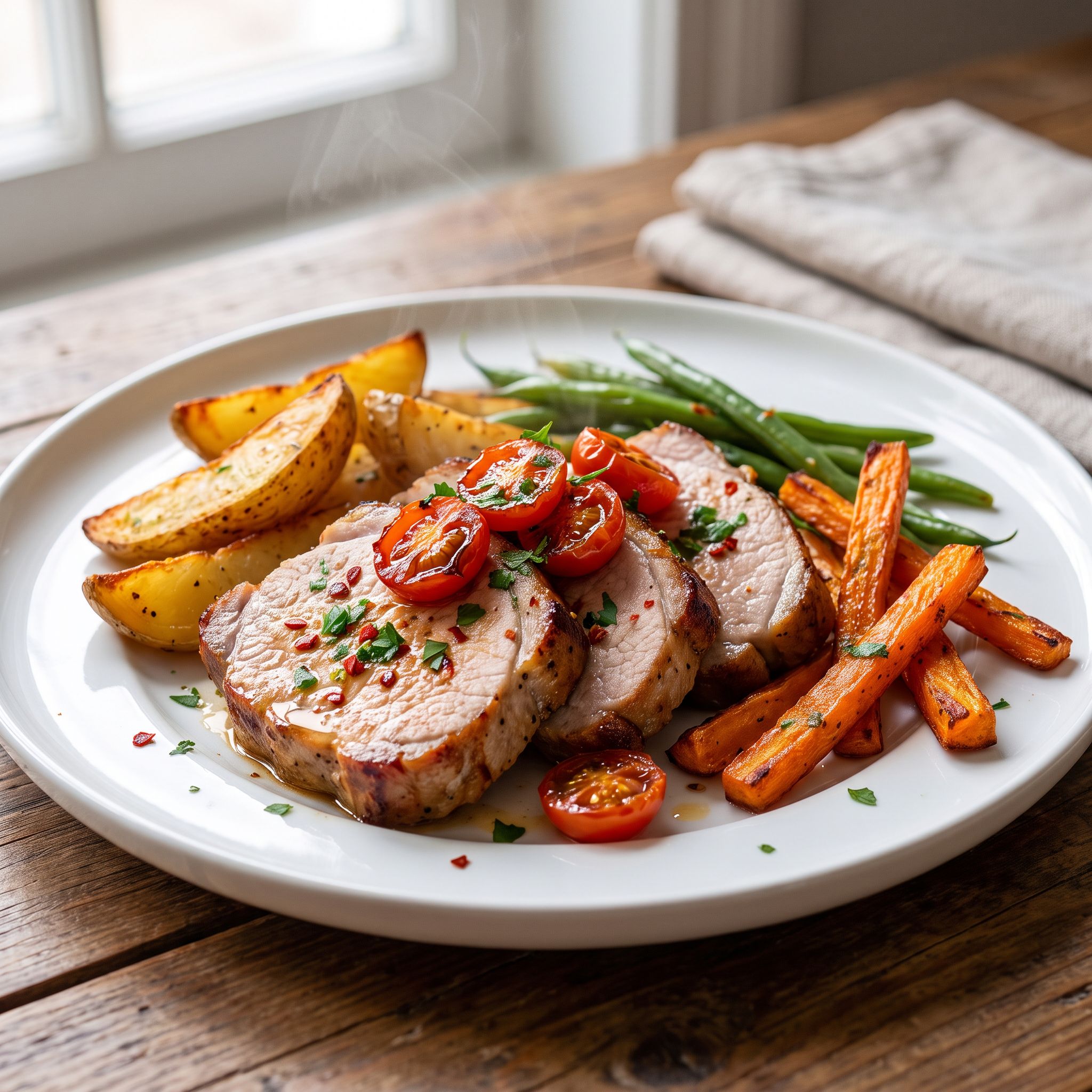 One-Pan Pork Loin Roast with Tomato and Veggie Fries