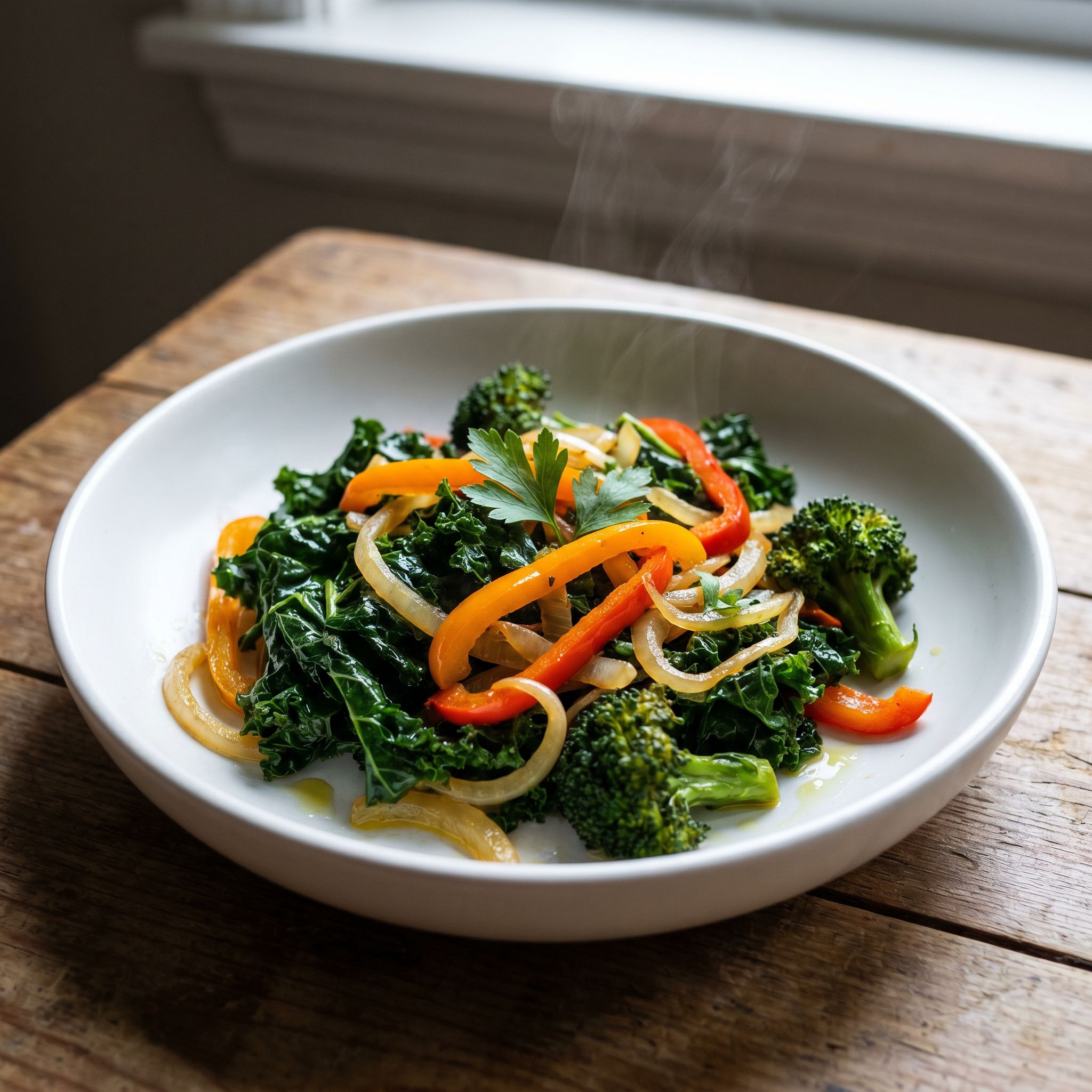 One Skillet Kale Onion Pepper Saute