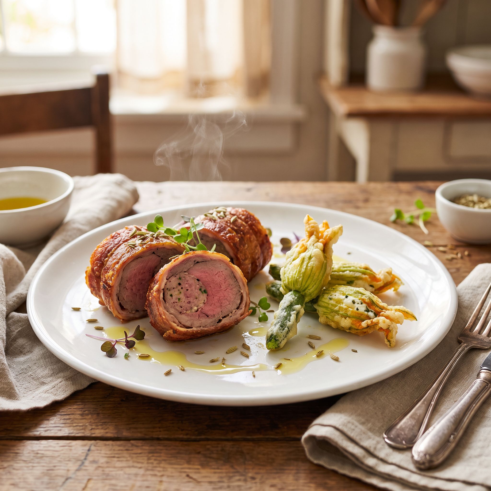 Porchetta Veil Beef with Zucca Blossoms