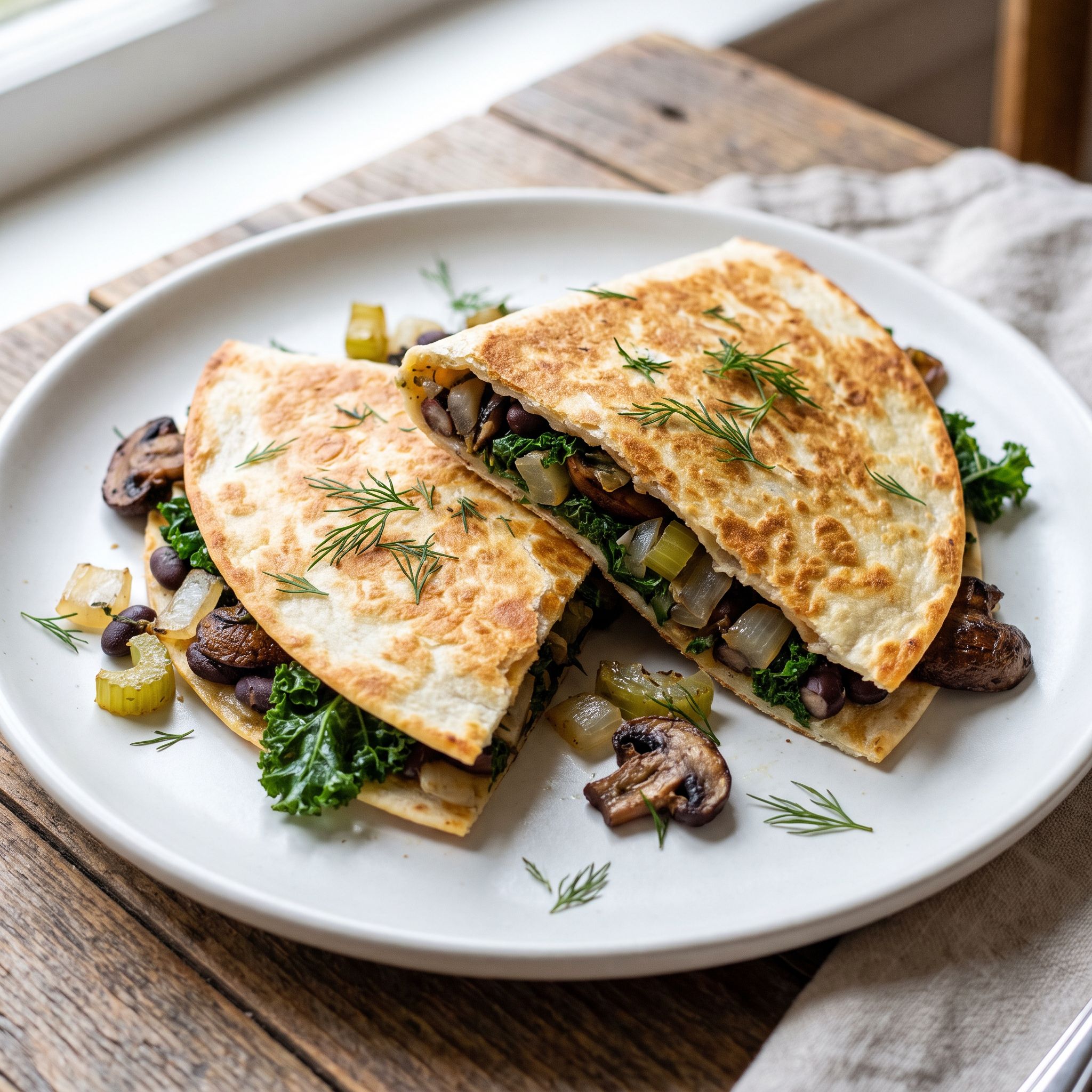 Roasted Black Bean Mushroom Kale Quesadillas